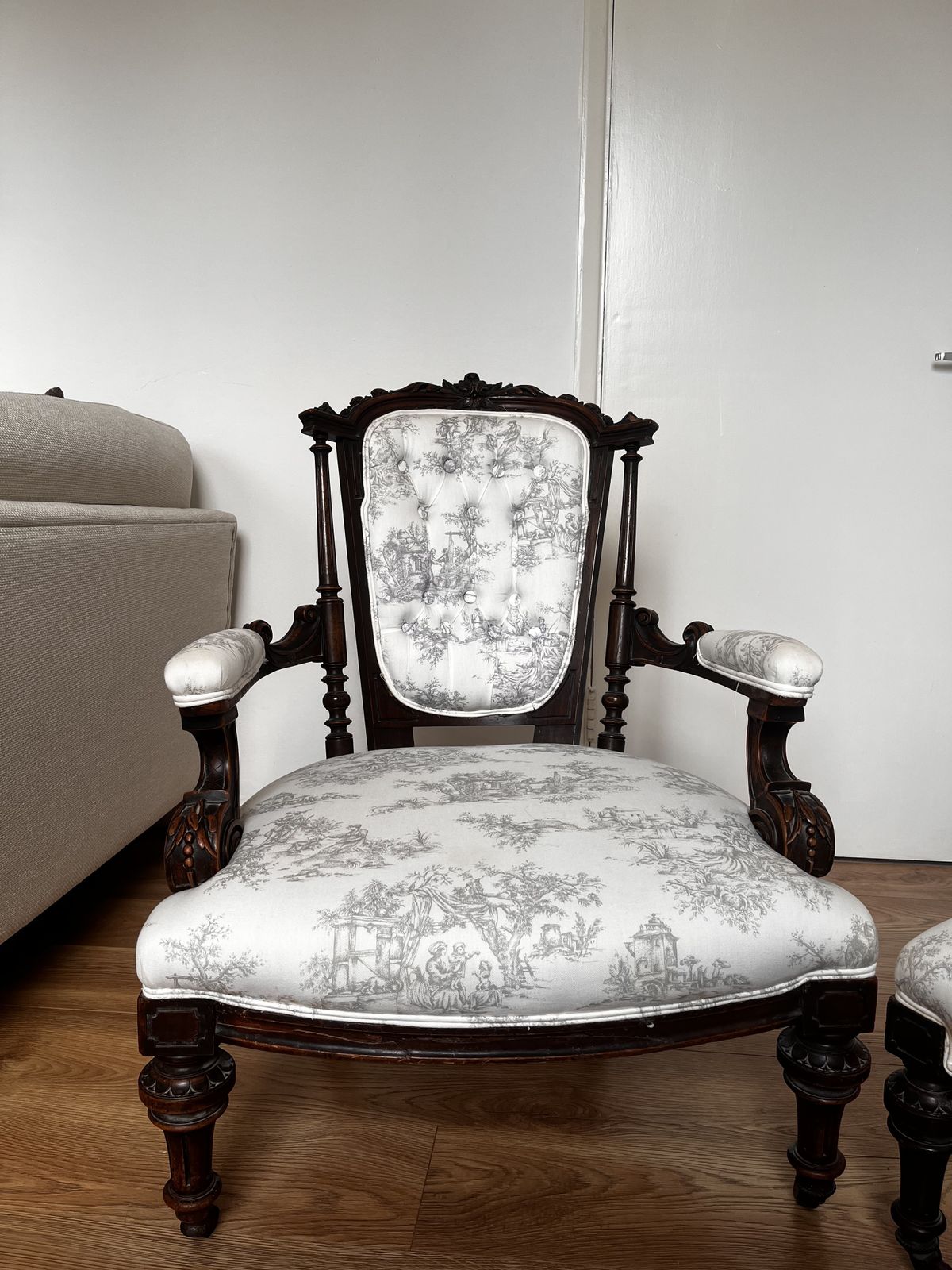 Vintage Carved Side Chair – Elegant Upholstered Accent Chair In Toile
