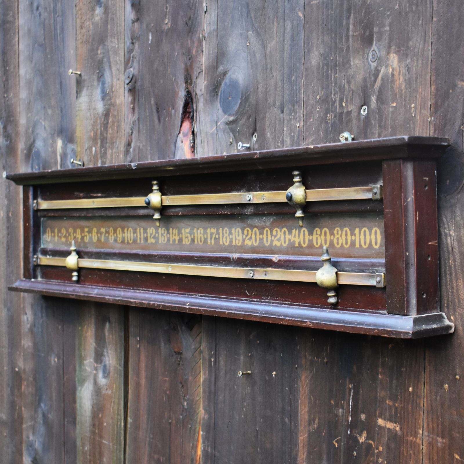 Antique Mahogany Glass Backed Brass Markers Wall Mounted Snooker Scoreboard photo for sale