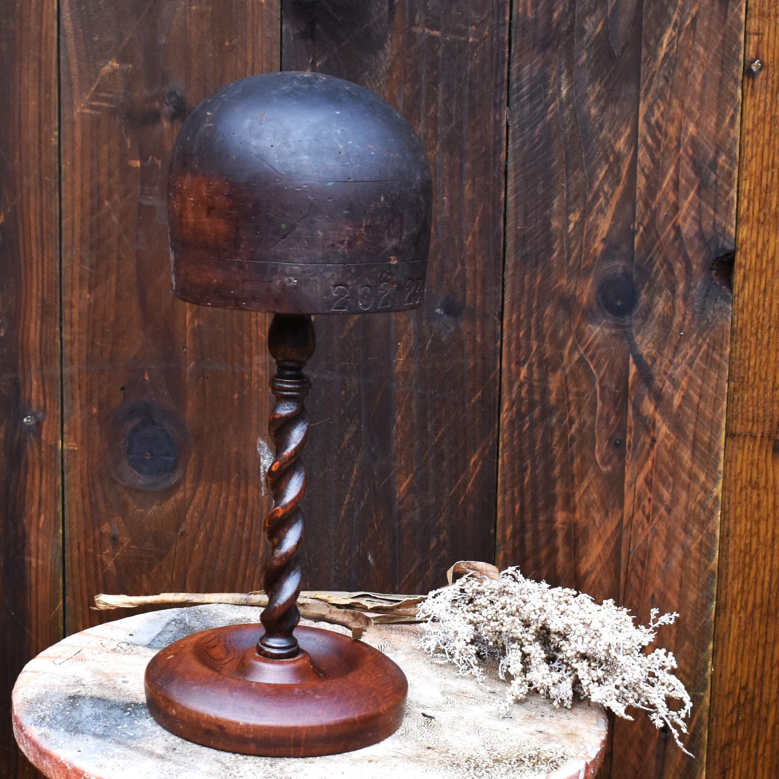 Antique Milliners Hat Mould Block Haberdashery Barley Twist Wig Stand photo vintage
