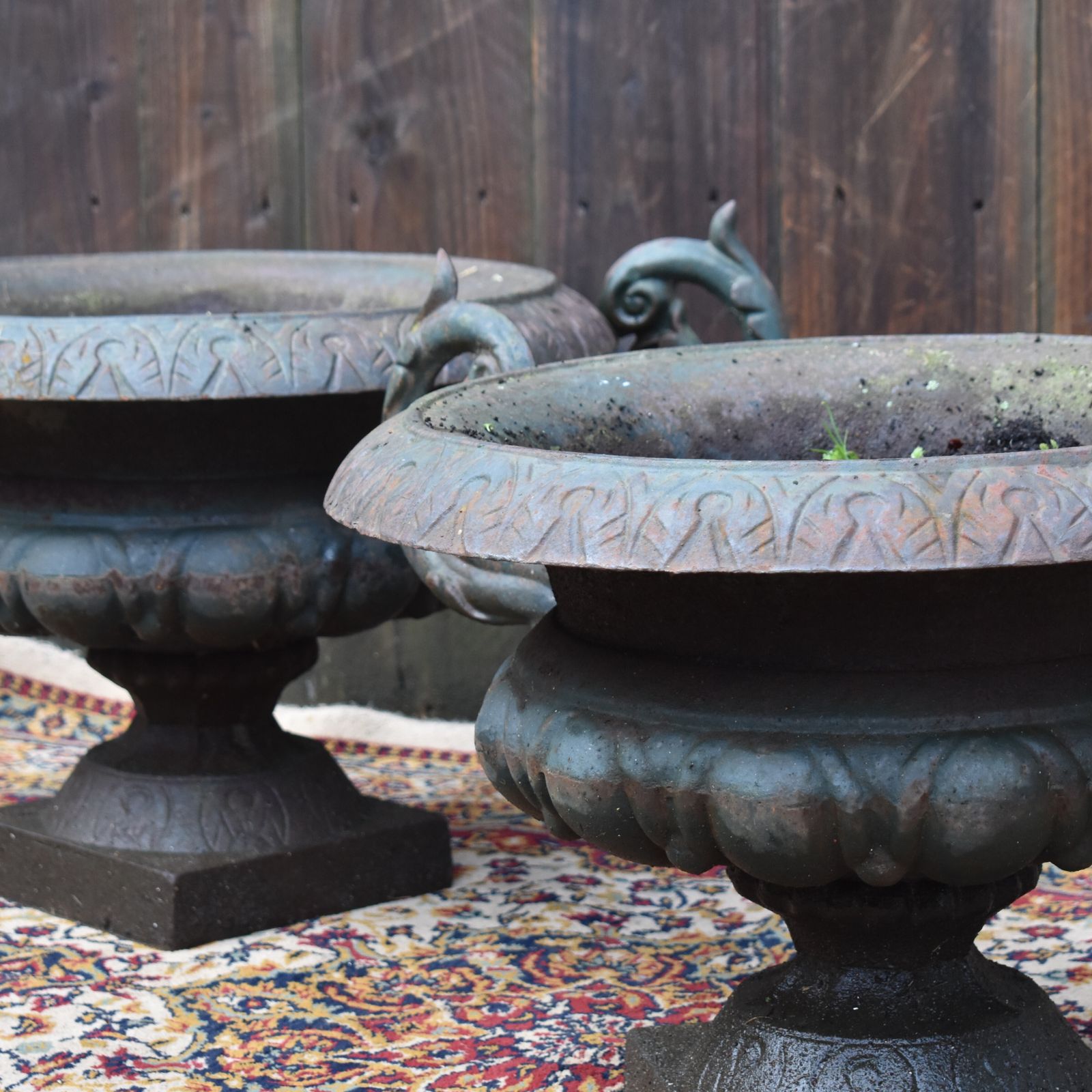Antique Victorian English Country House Cast Iron Classical Garden Urns Pair photo vintage