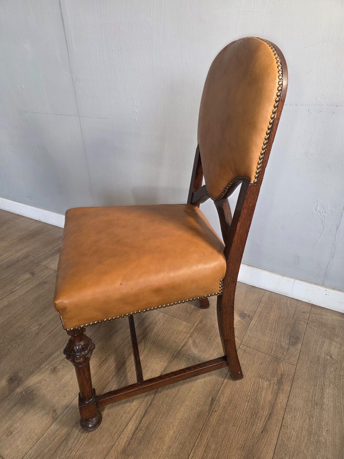 Set Of 8 Antique Oak And Leather Dining Chairs photo 1200.0