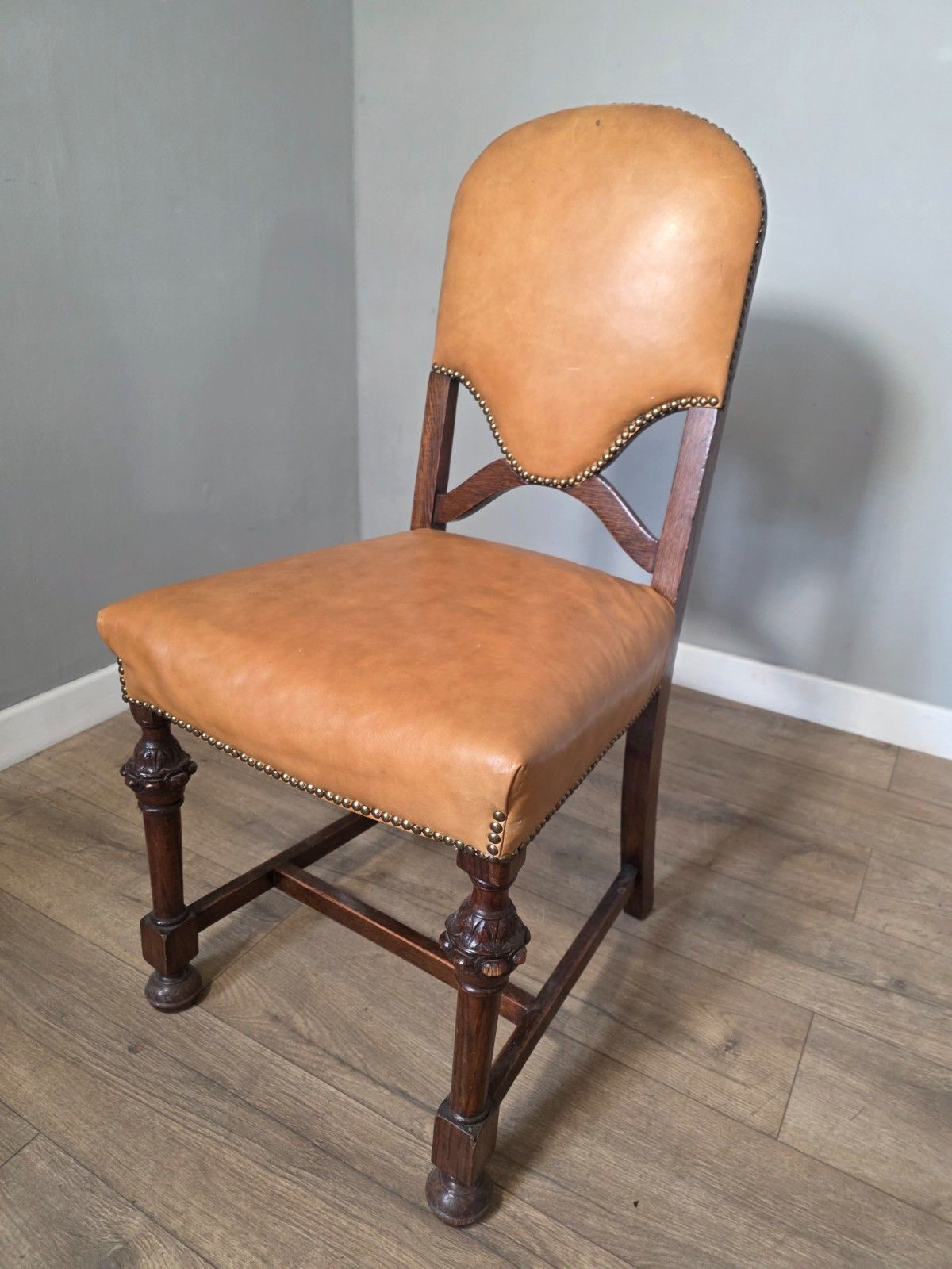 photo for sale Set Of 8 Antique Oak And Leather Dining Chairs
