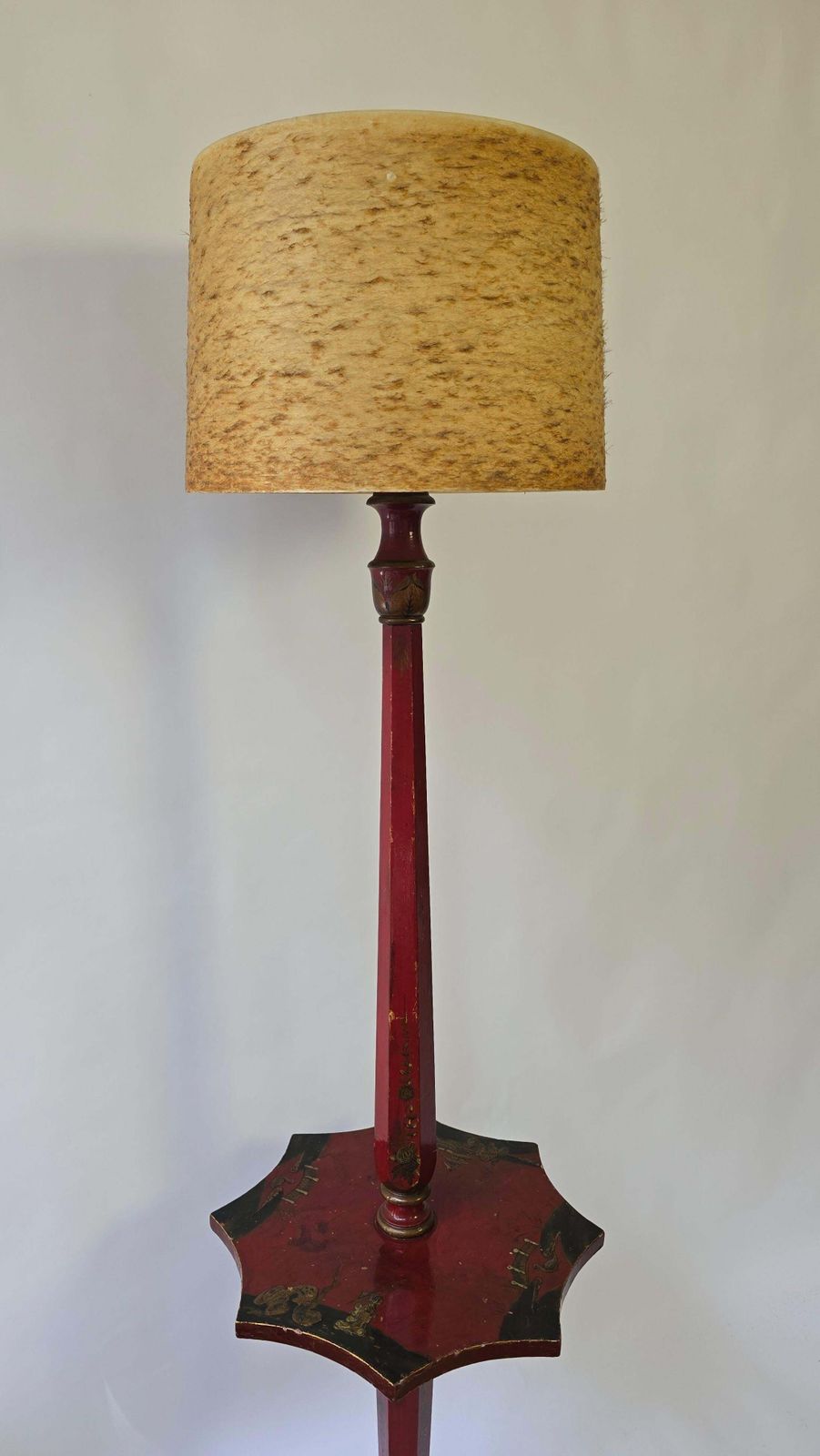 photo furniture Striking Red Lacquered Chinoiserie Floor Lamp With Table, France, Ca. 1920–1940