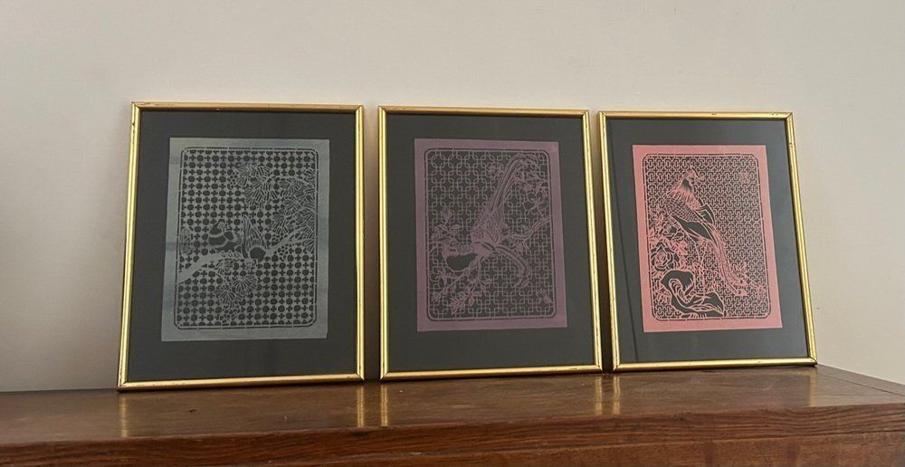 Jiǎnzhǐ Decoupage Artworks With Birds, Set Of 3