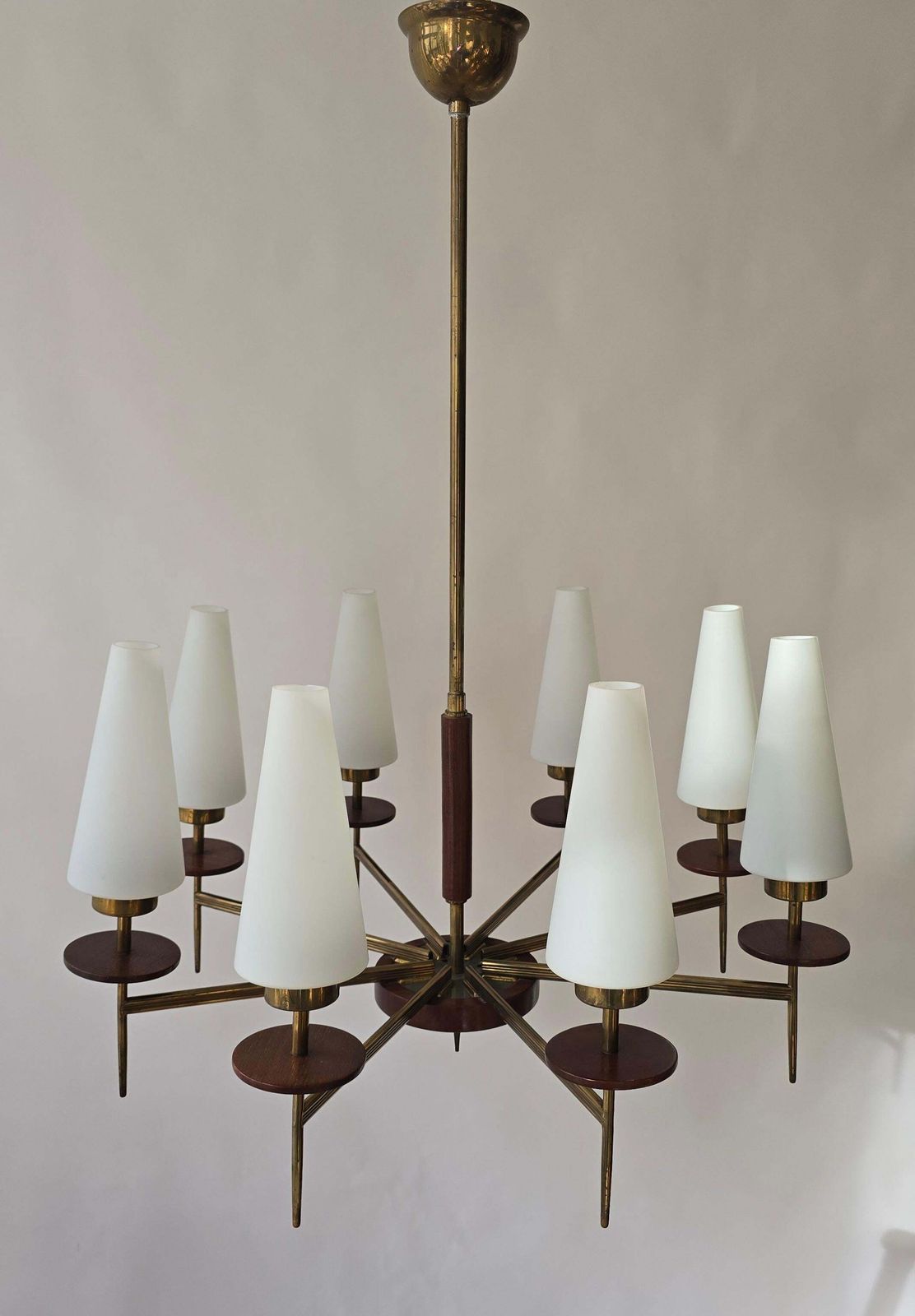 Mid Century Modern Brass, Wood And Opaline Glass Chandelier, 1950s, 8 Lights photo for sale
