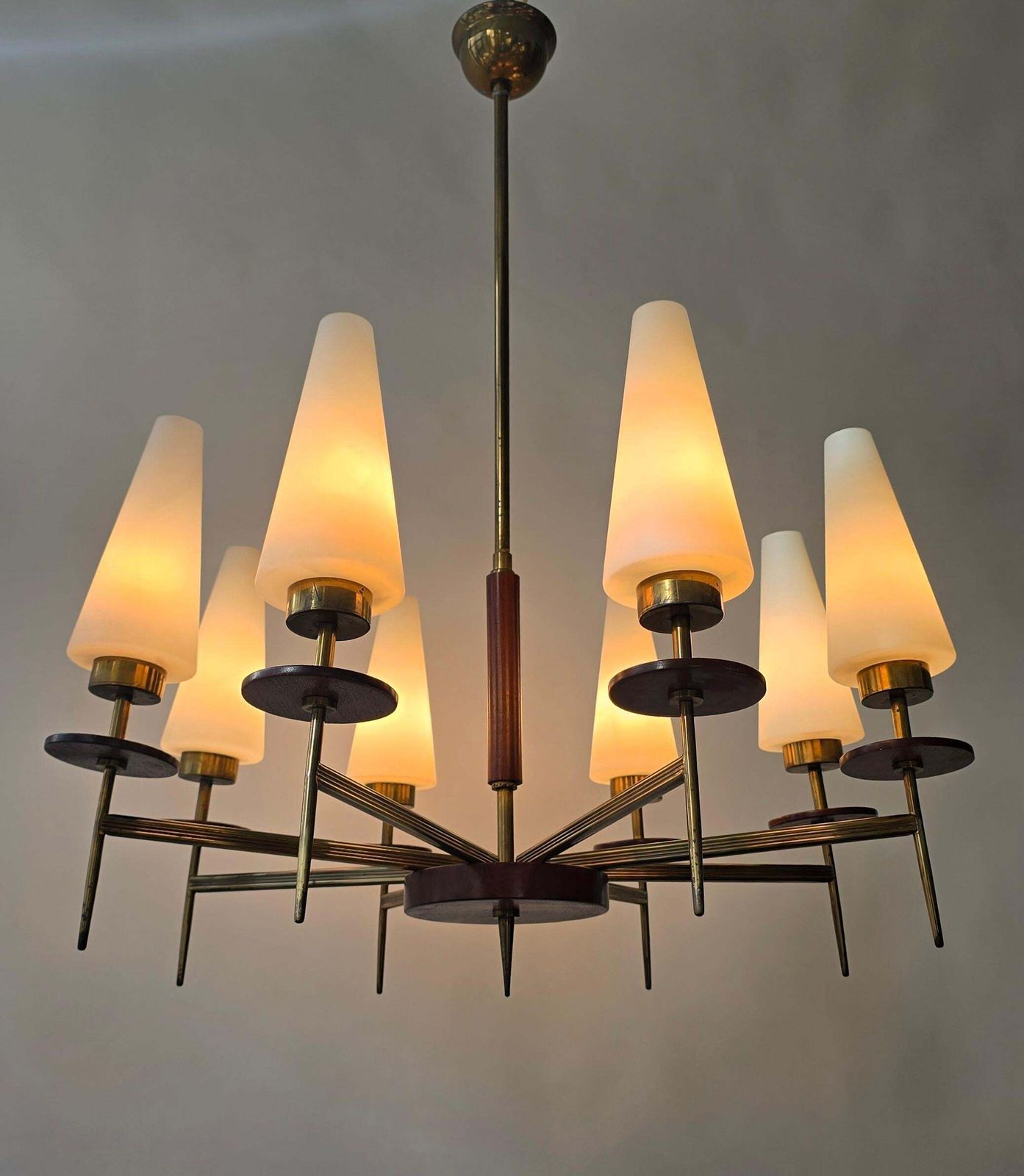 photo furniture Mid Century Modern Brass, Wood And Opaline Glass Chandelier, 1950s, 8 Lights