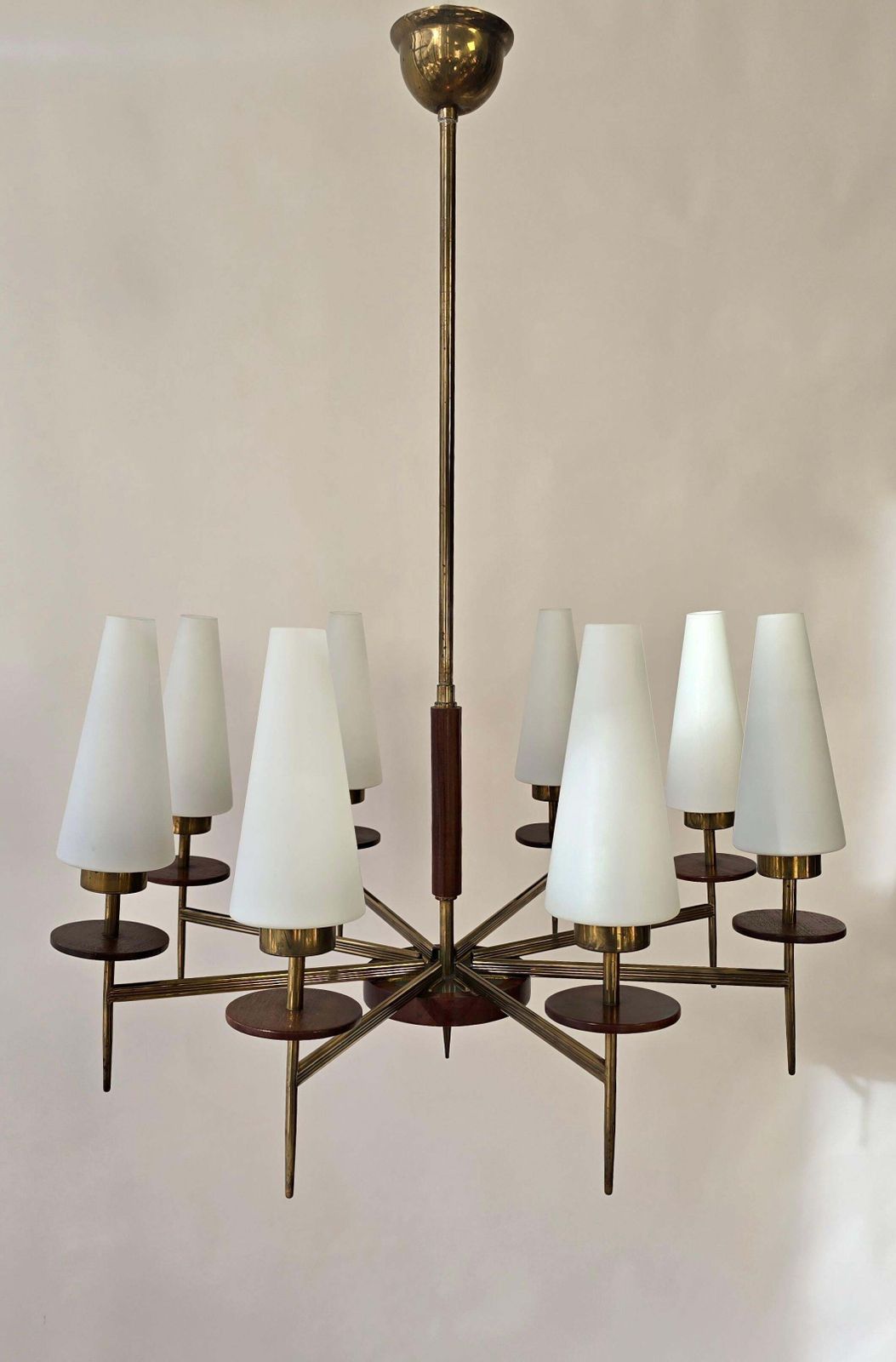 Lighting Mid Century Modern Brass, Wood And Opaline Glass Chandelier, 1950s, 8 Lights photo