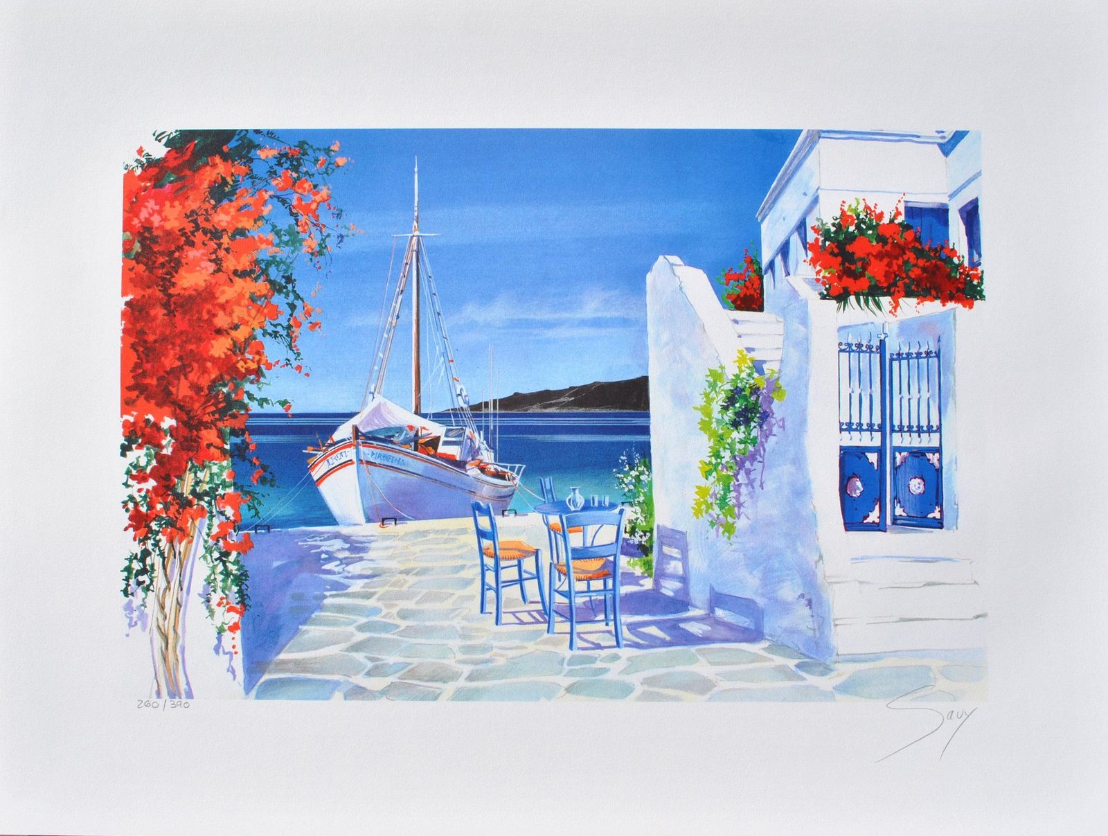 Andre Savy Riviera : Sailboat At Santorini   Original Lithograph, Handsigned & Ltd /390 1982
