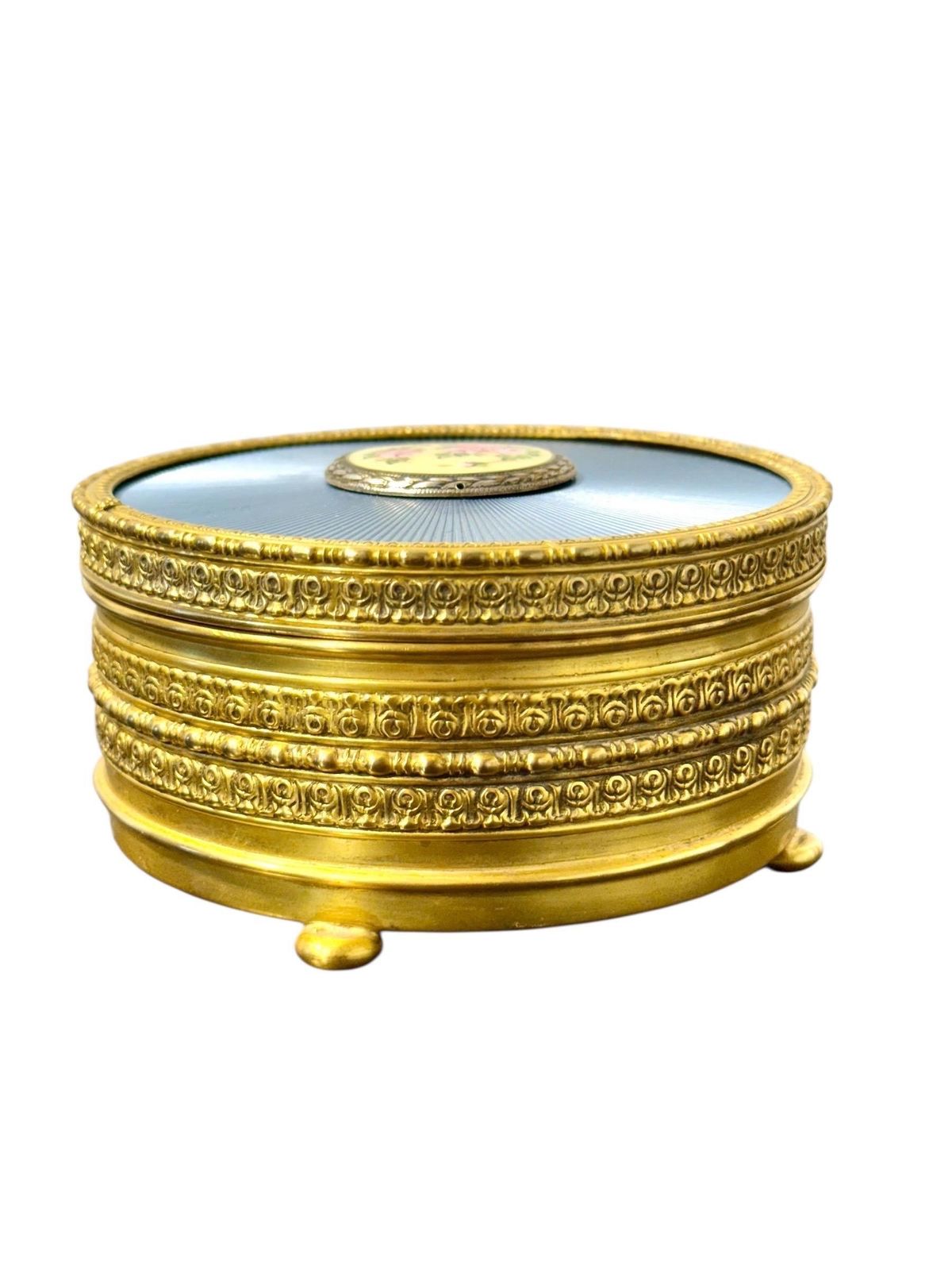 Gilded Metal & Guilloché Enamel Jewelry Box With Hand Painted Miniature photo vintage