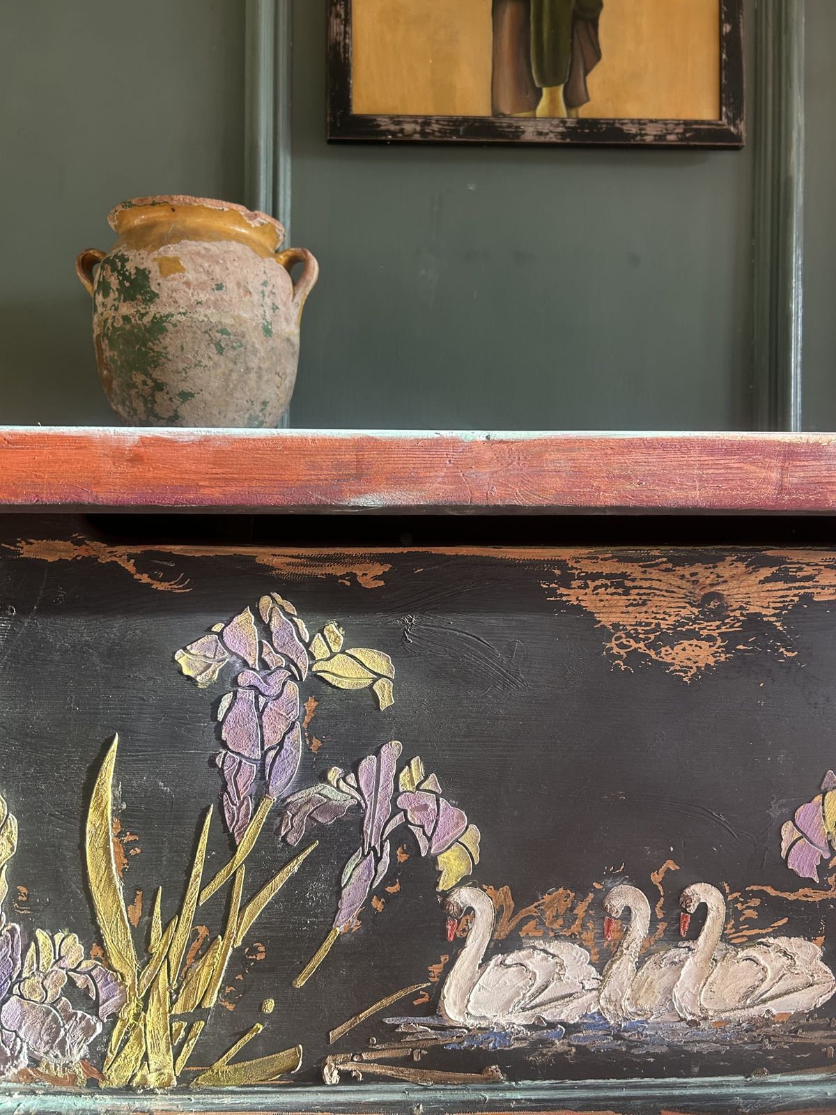 Vintage Painted Pine Blanket Box With Swan Chinoiserie photo vintage
