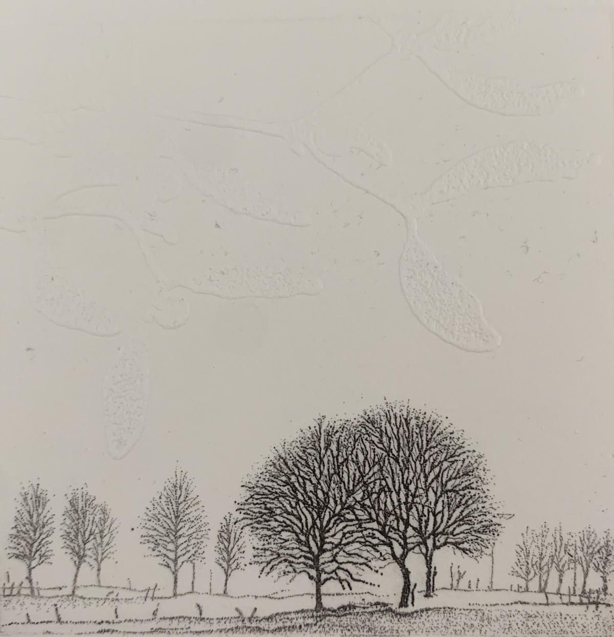 Elżbieta Bocianowska Two Trees, Landscape Figurative Print, Miniature, Trees, Polish Artist 2020
