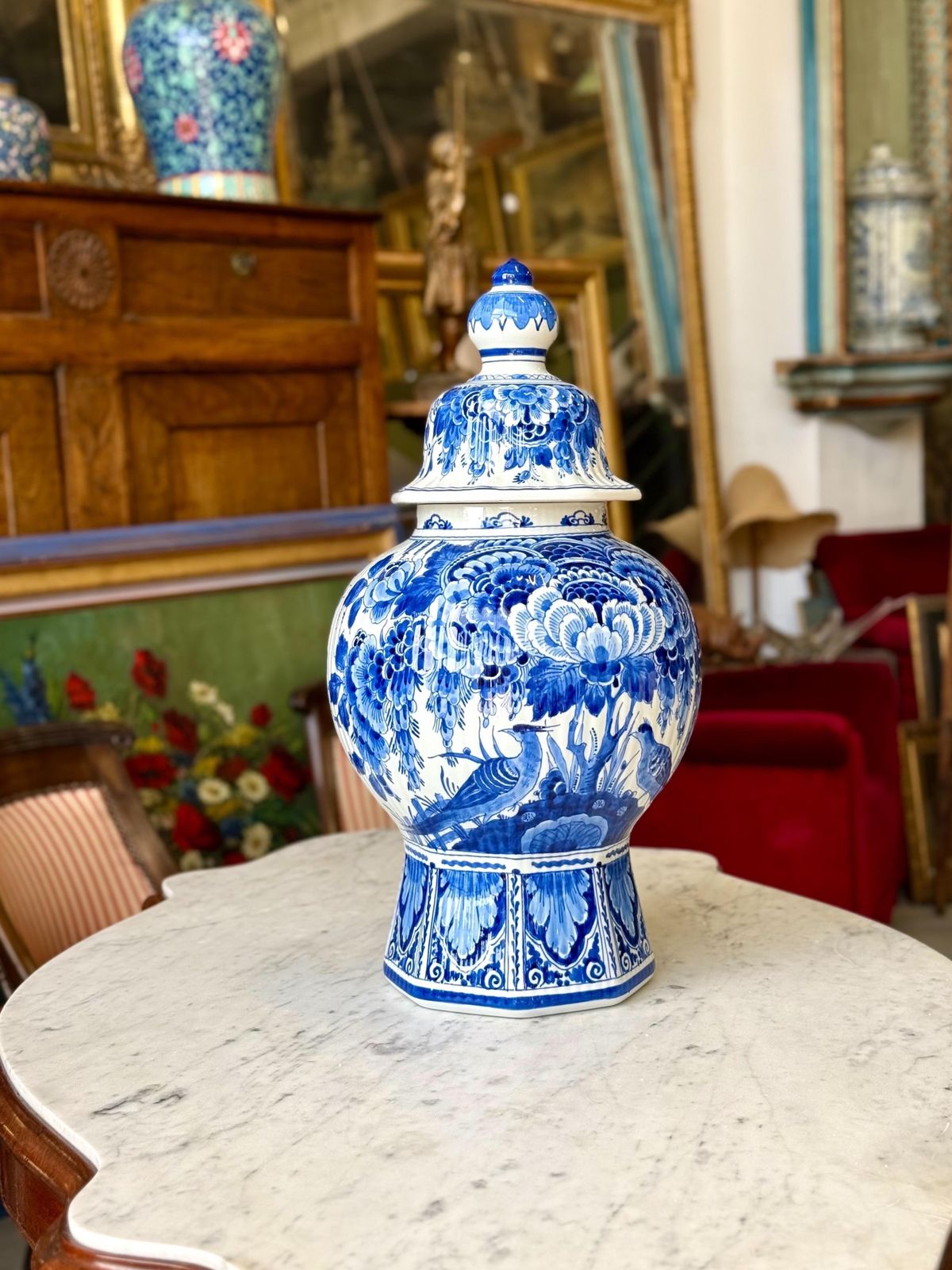 Large Blue And White Delft Lidded Vase With Birds And Flowers photo furniture