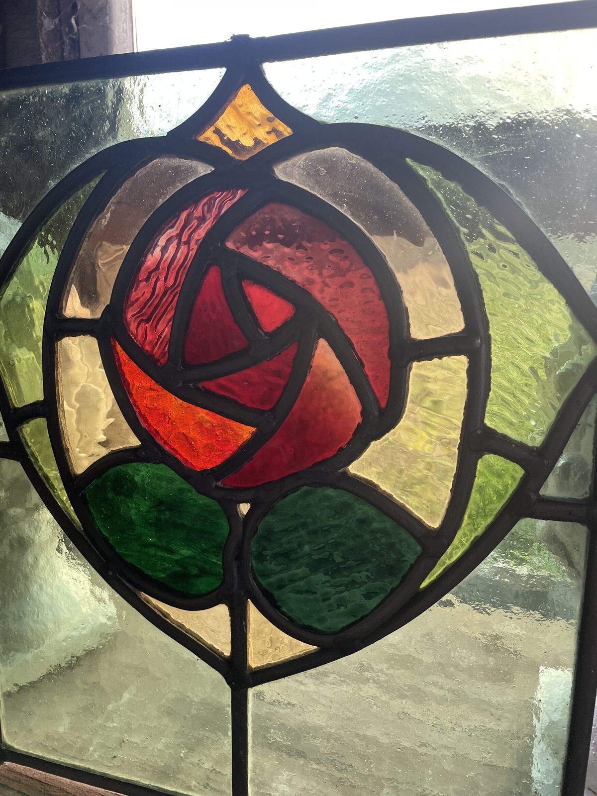 Art Nouveau Stained Glass Window Panel With Vibrant Red Rose Motif And Emerald Green Glass C1890. H35xw29cm (1 Part Of 2 Windows In The Family) photo furniture