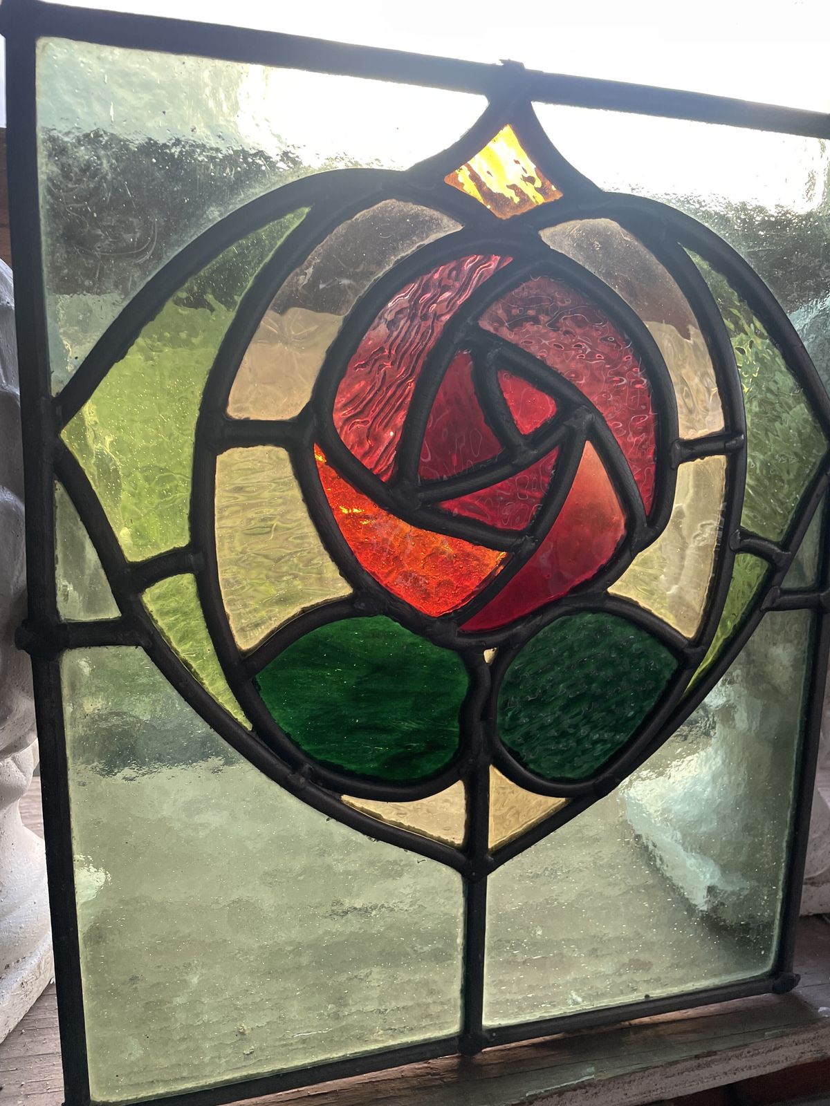 Art Nouveau Stained Glass Window Panel With Vibrant Red Rose Motif And Emerald Green Glass C1890. H35xw29cm (1 Part Of 2 Windows In The Family) photo for sale