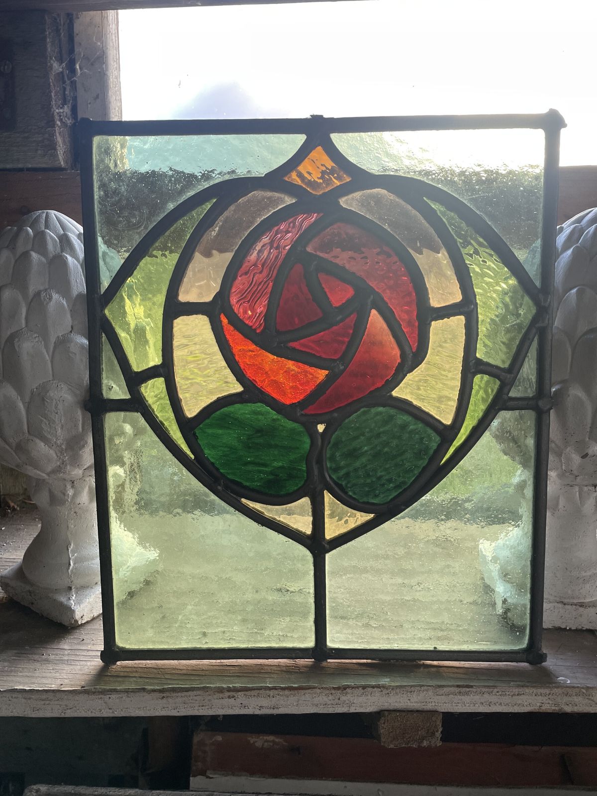 Art Nouveau Stained Glass Window Panel With Vibrant Red Rose Motif And Emerald Green Glass C1890. H35xw29cm (1 Part Of 2 Windows In The Family) photo 320.0