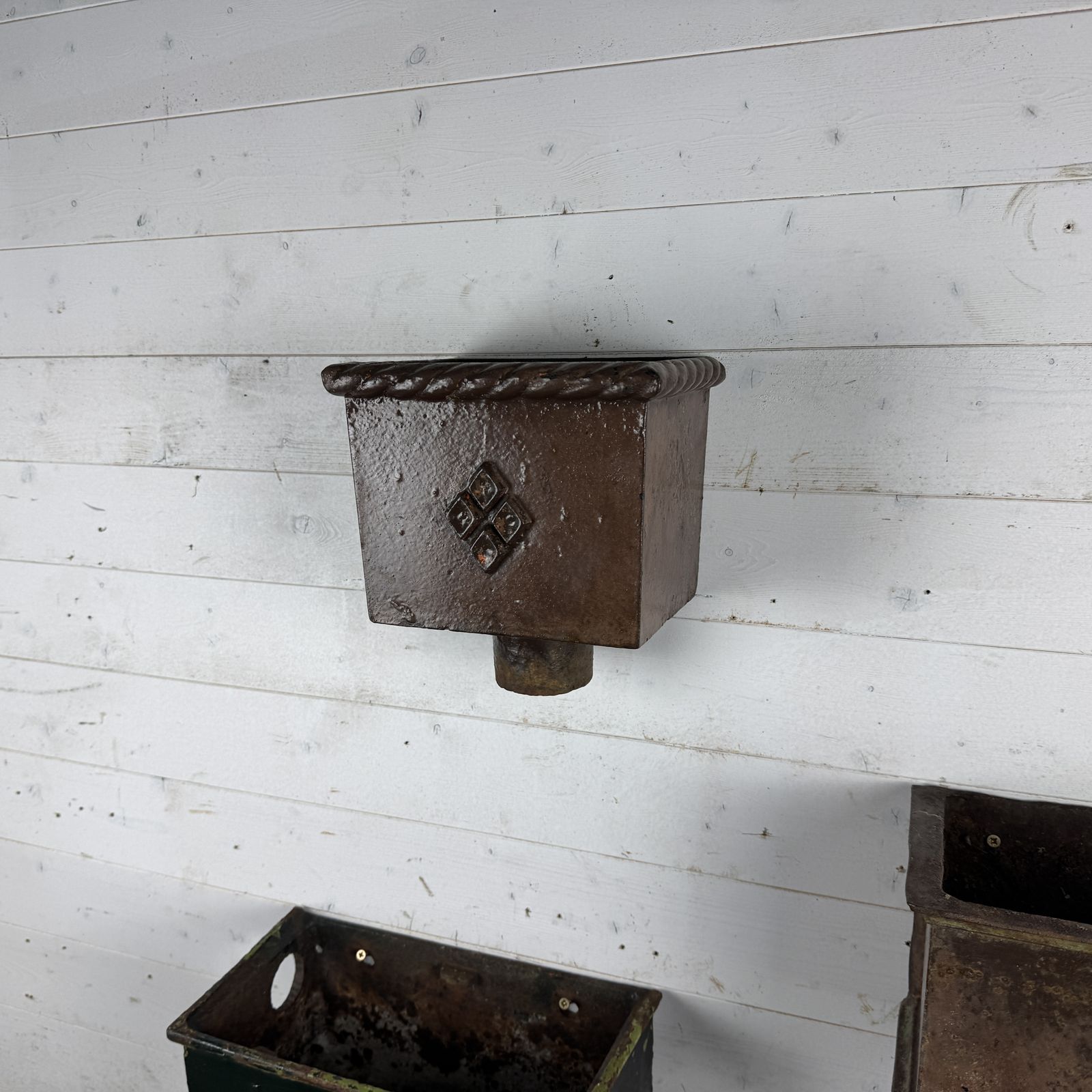 3 Mixed Size Antique Cast Iron Rainwater Hoppers photo vinterior