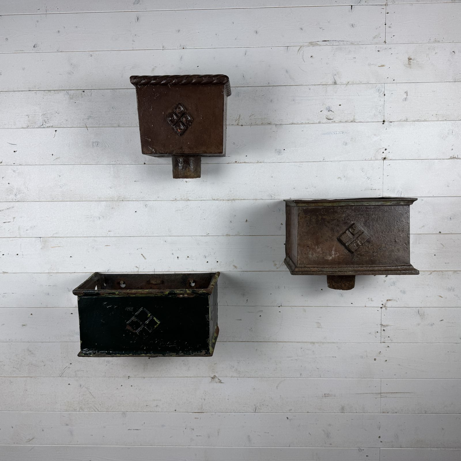 3 Mixed Size Antique Cast Iron Rainwater Hoppers photo buy