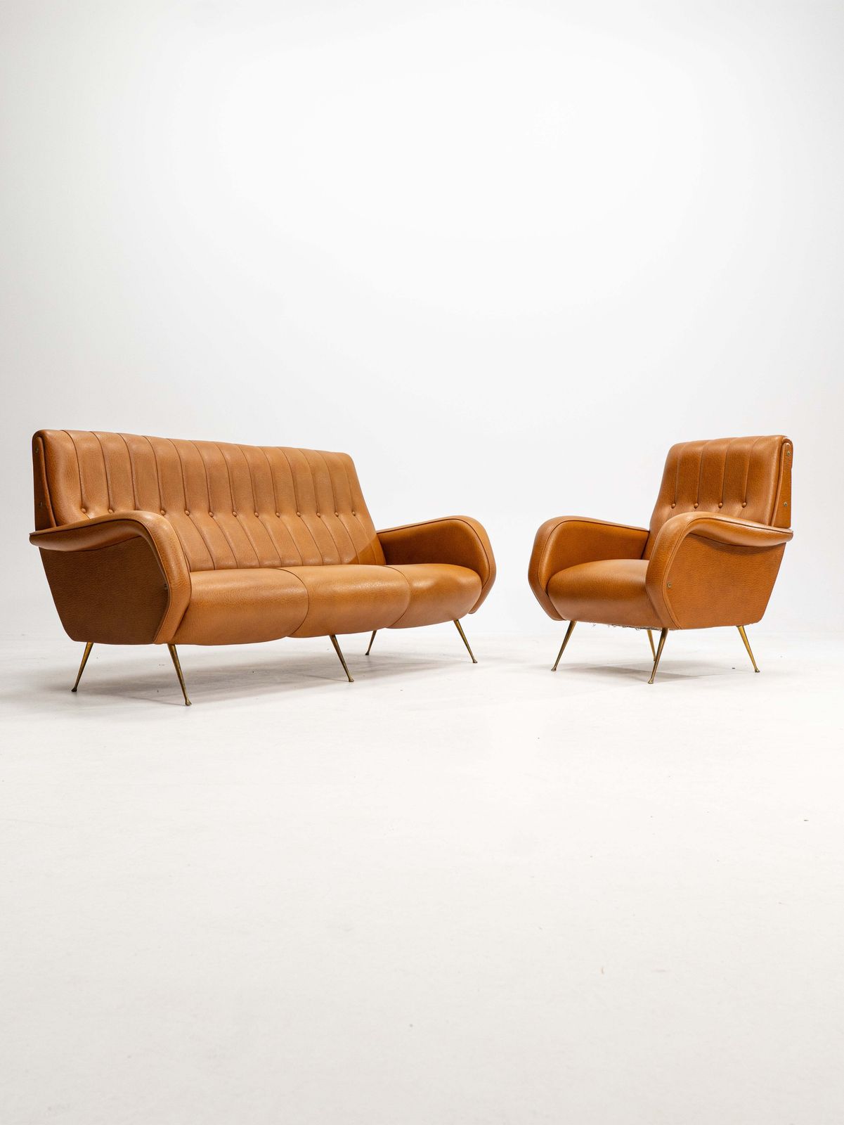 photo vinterior Three Seater Sofa In Skai With Brass Feet In The Style Of Marco Zanuso,1950s
