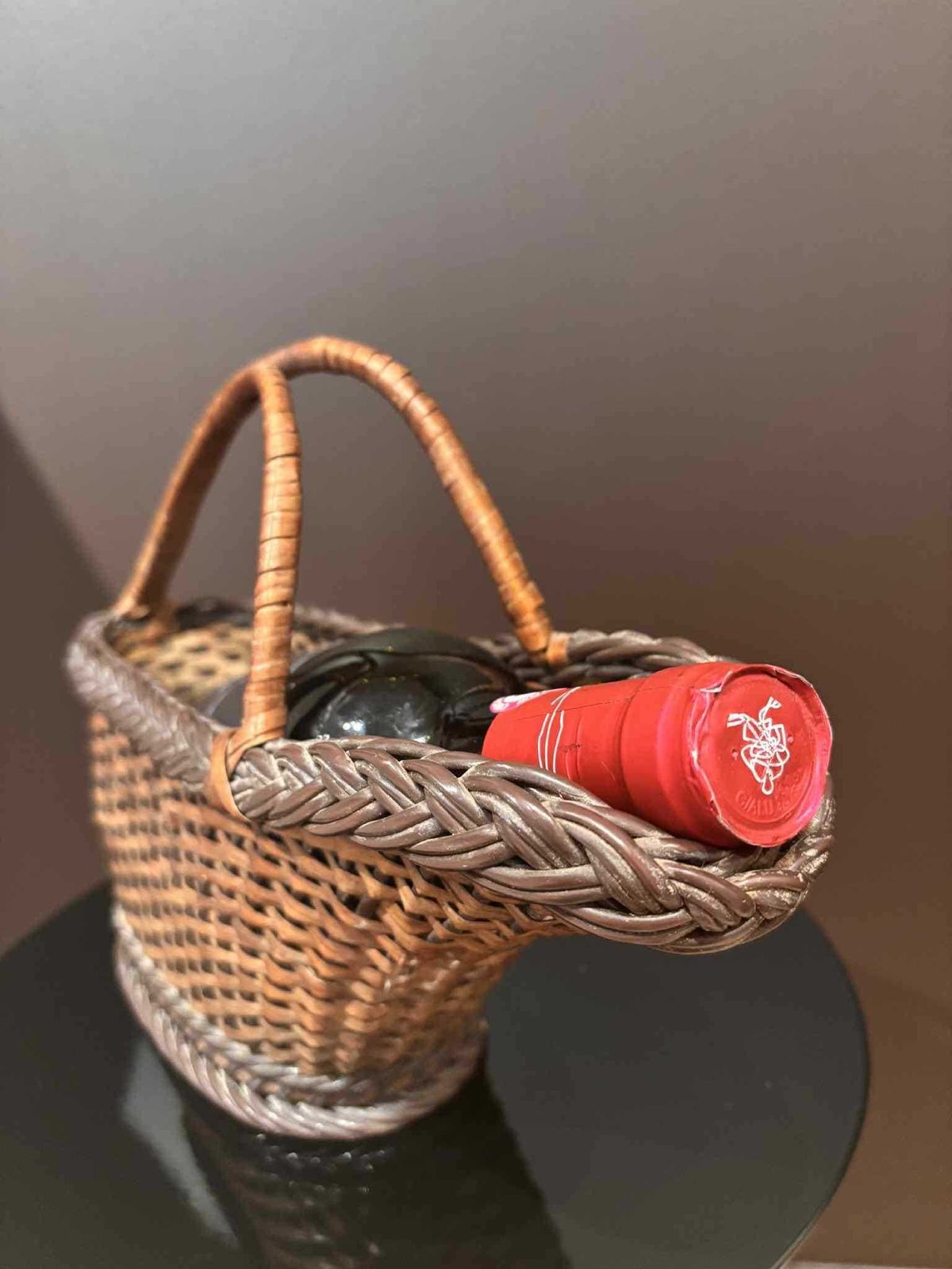 Wicker Wine Bottle Holder – French Rattan Wine Cradle Basket – 1970s photo Home Decor