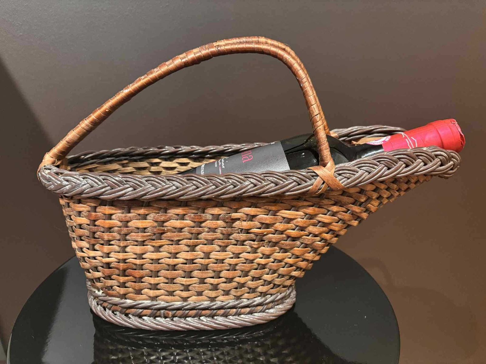 Wicker Wine Bottle Holder – French Rattan Wine Cradle Basket – 1970s photo 131.0