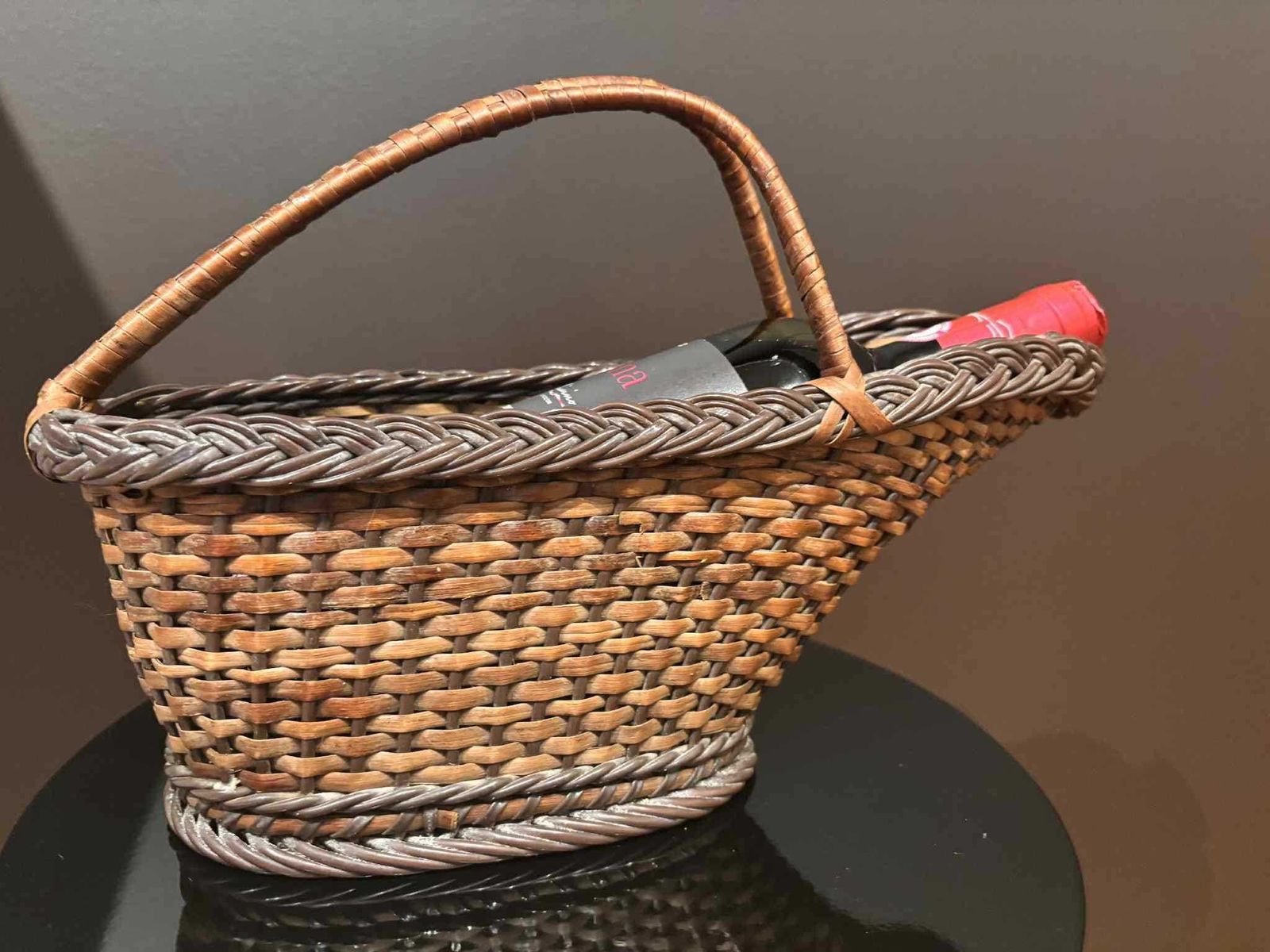Wicker Wine Bottle Holder – French Rattan Wine Cradle Basket – 1970s photo vinterior