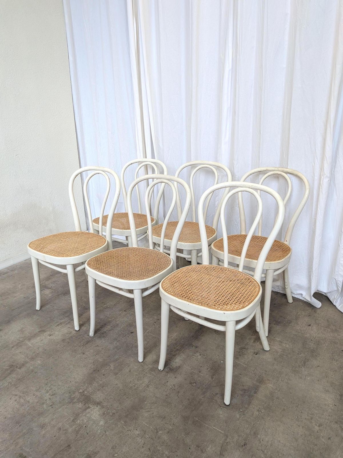 Set Of 6 Vintage Thonet Style Dining Chairs: White Wood & Cane Seat