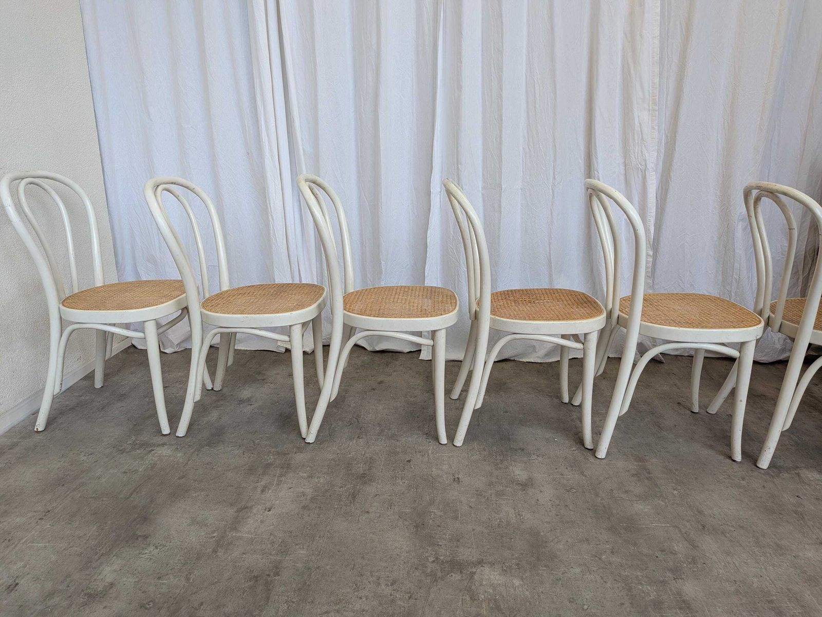 Furniture Set Of 6 Vintage Thonet Style Dining Chairs: White Wood & Cane Seat photo