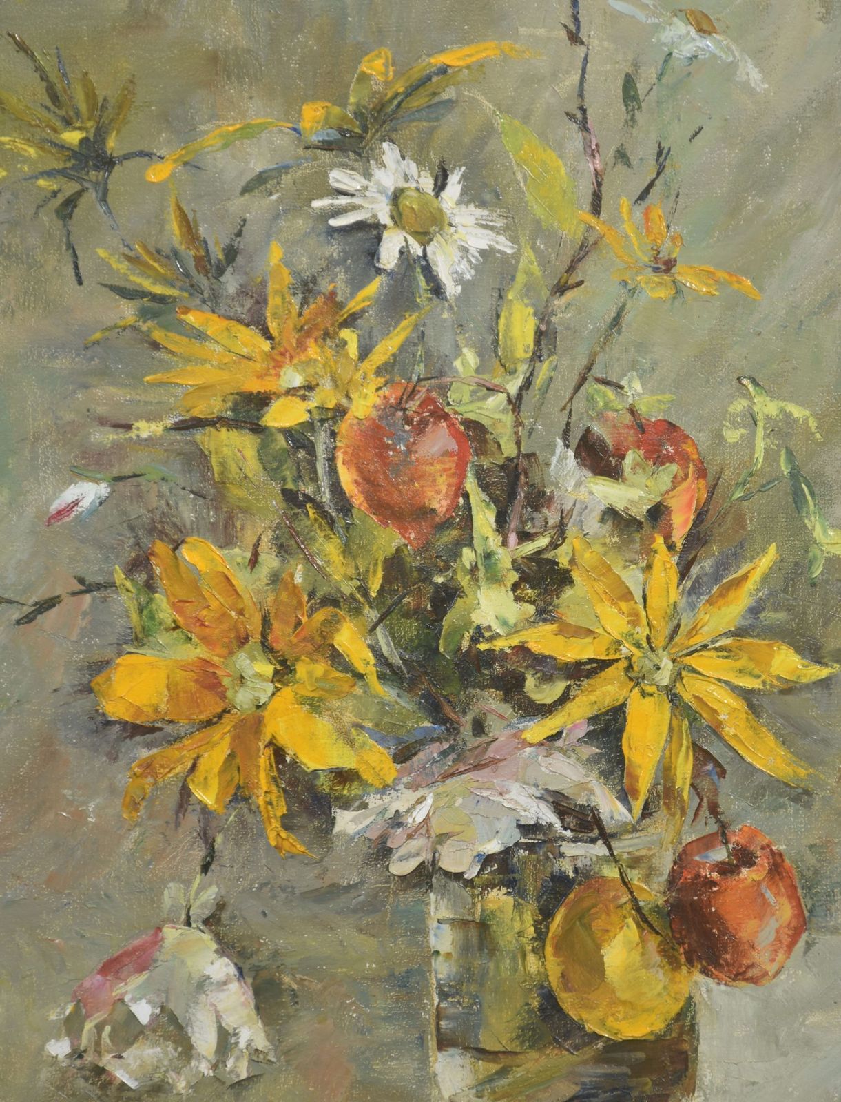 Oil On Canvas Still Life With Yellow Flowers And Fruit photo furniture