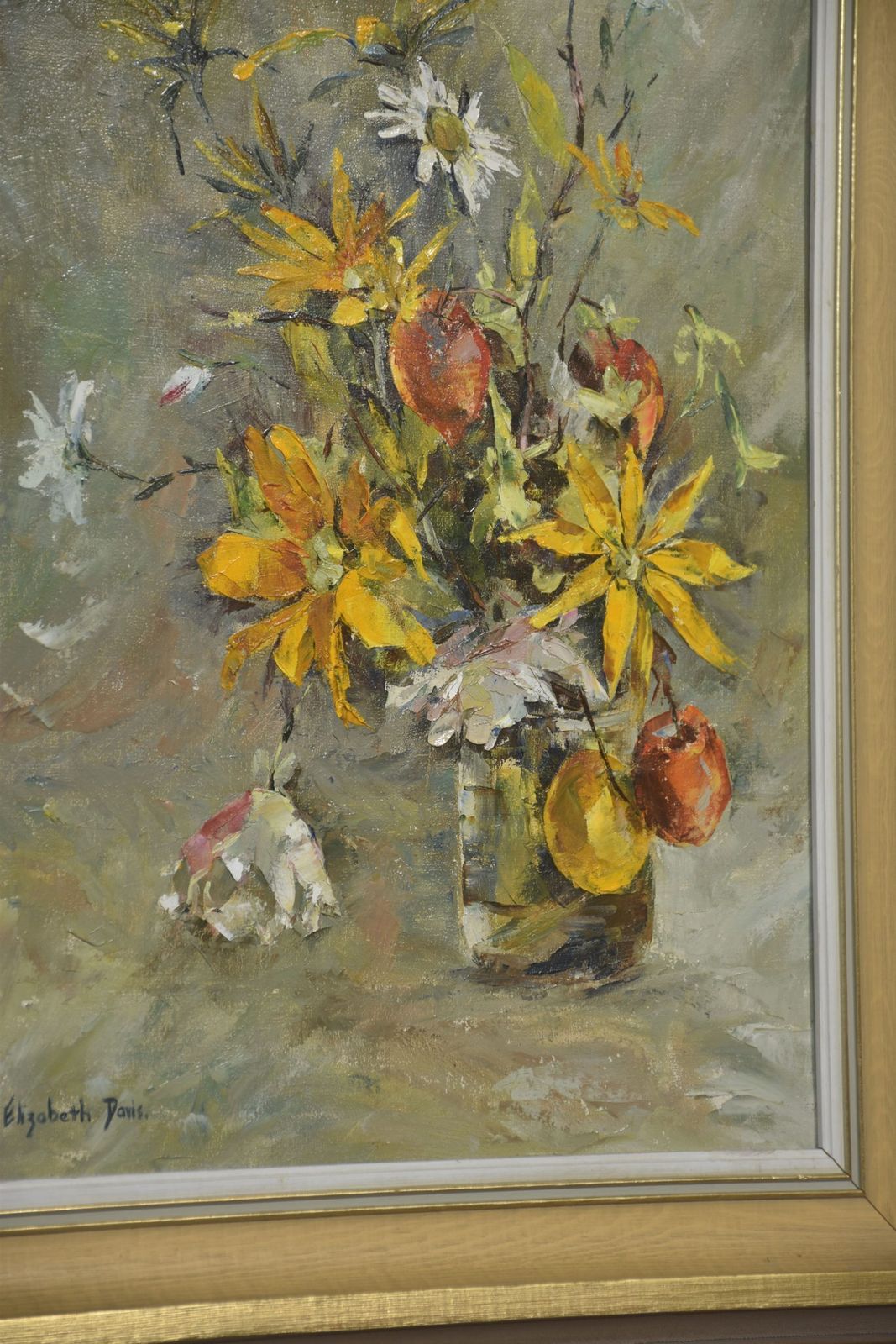 Oil On Canvas Still Life With Yellow Flowers And Fruit photo for sale