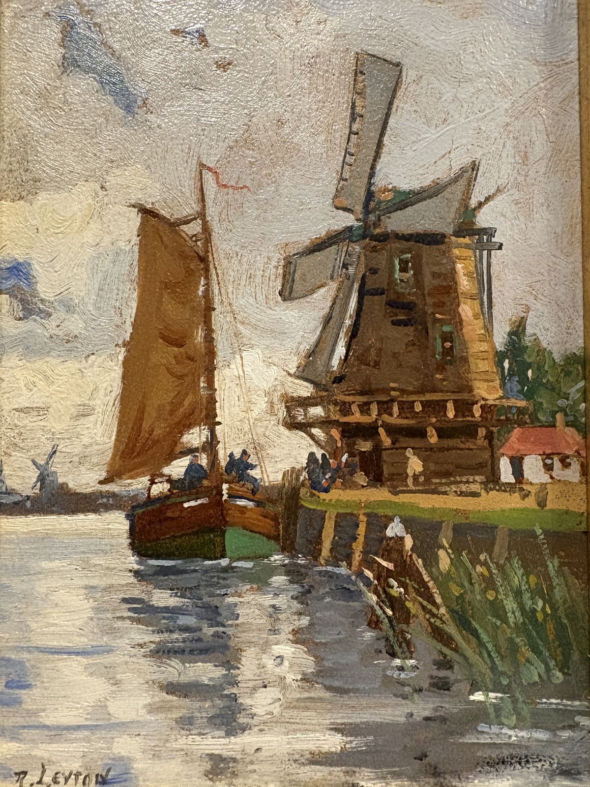 Impressionist Scene Of A Sailboat And Windmill By R Leyton Early 20th Century photo 145.0