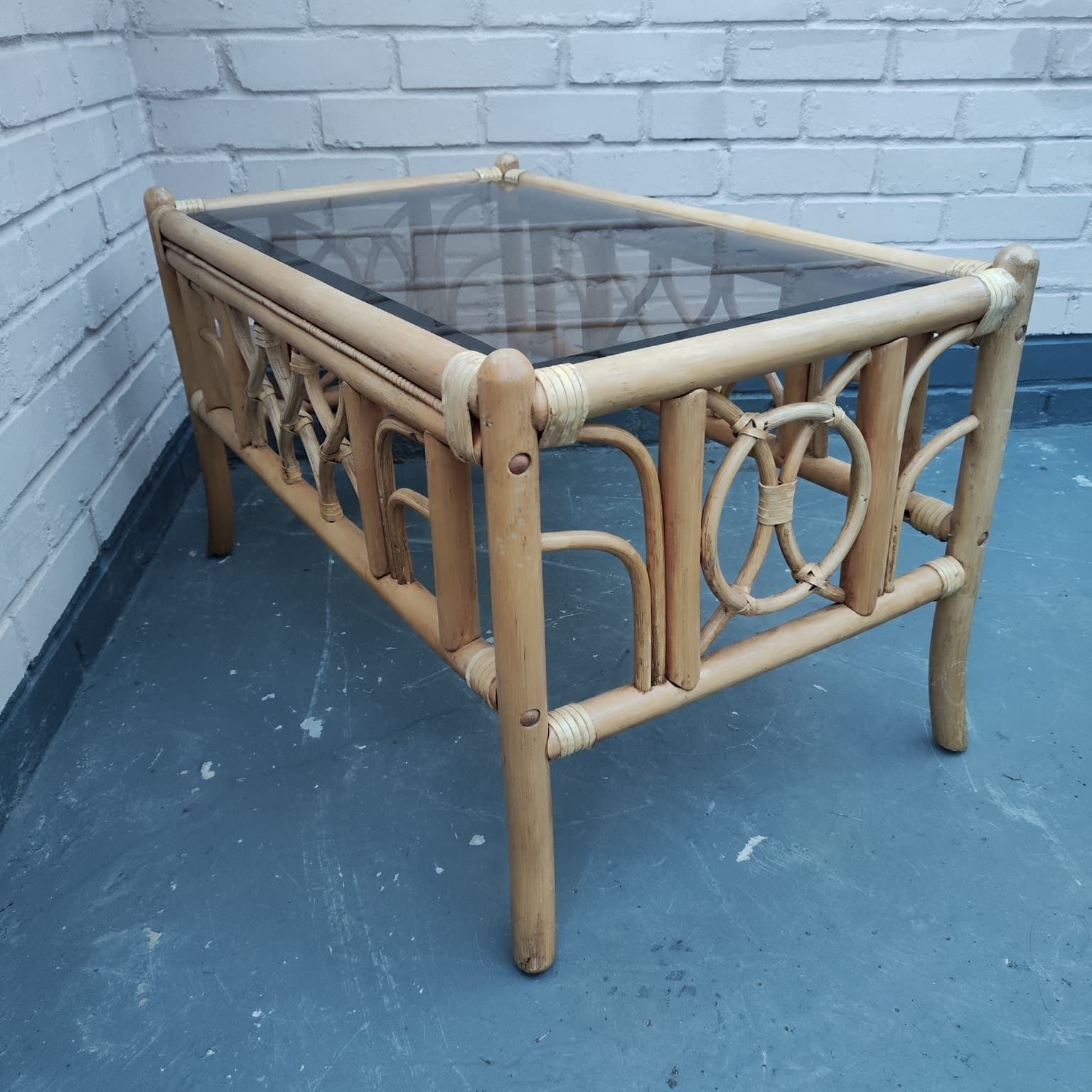 Vintage Cane Coffee Table With Smoked Glass Top photo for sale
