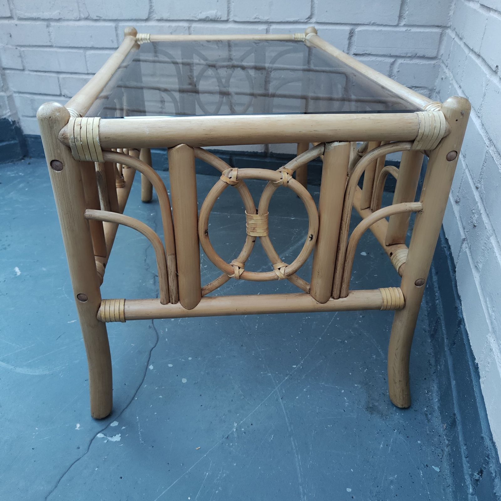 Vintage Cane Coffee Table With Smoked Glass Top photo 105.0