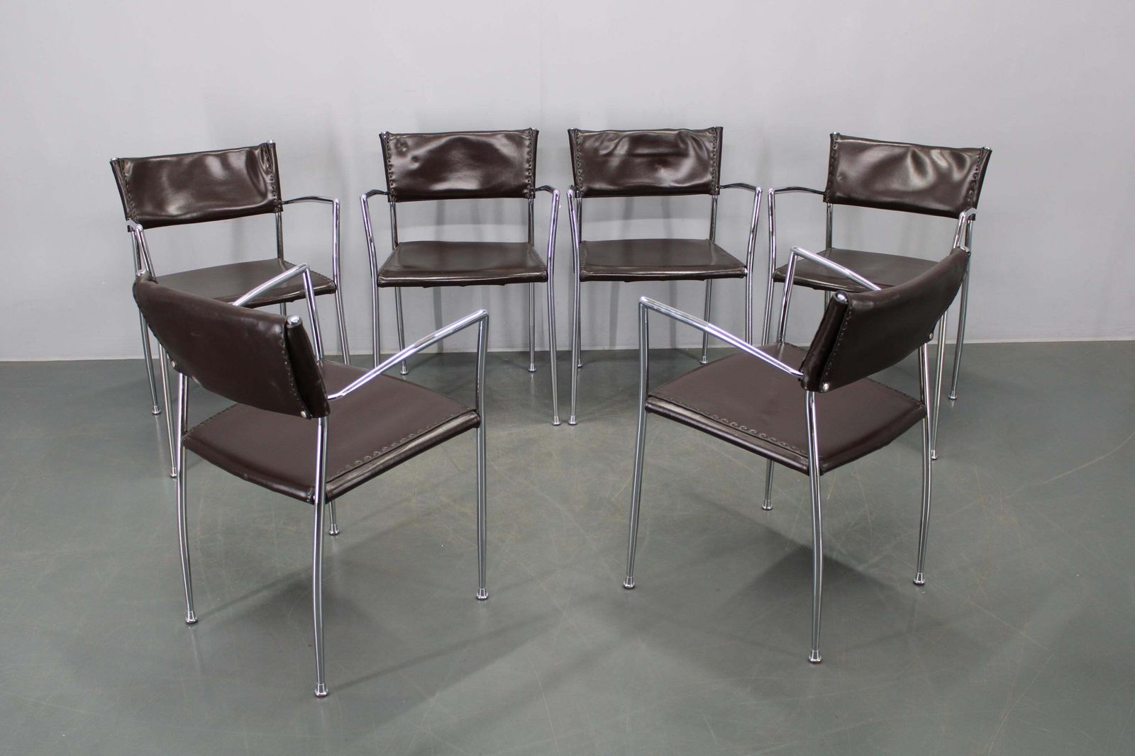 Set Of Six Italian Leather And Chrome Armchairs By Arper photo for sale