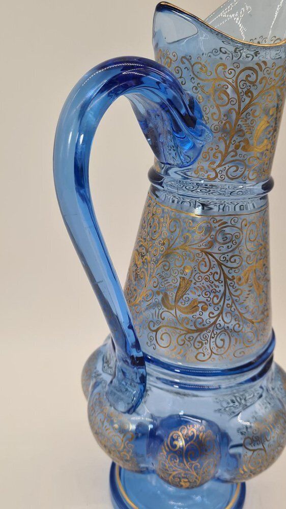 Antique Bohemian Jug In Blue Gilded Glass From Royal Dux Bohemia 1900s photo vinterior