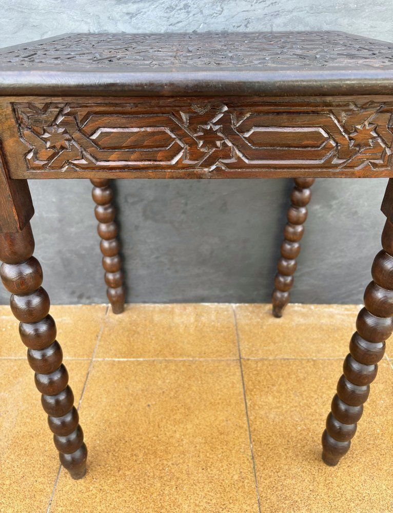 Spanish Barley Twist Side Table With Geometric Carved Top, 1930s photo buy