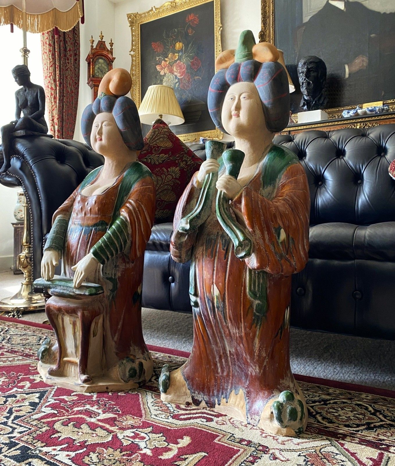 Pair 1930s Sancai Glazed Chinese Pottery Sculptures Tang Dynasty Style Musicians photo for sale