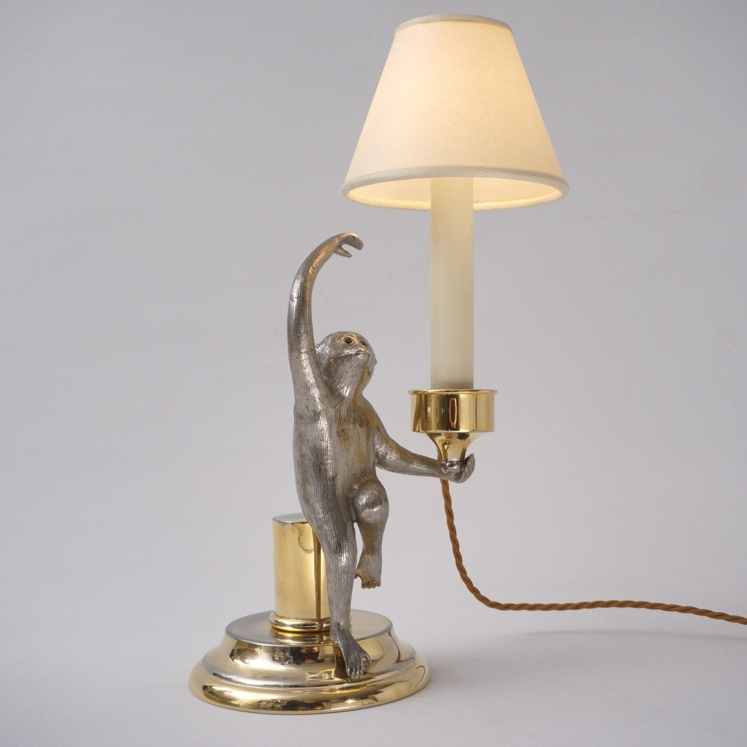 photo vinterior Monkey Vintage Surrealist Candlestick Table Lamp By Hauy Pouigo, Signed, In Silver Plated Bronze & Brass, 1970`s Ca, Italian