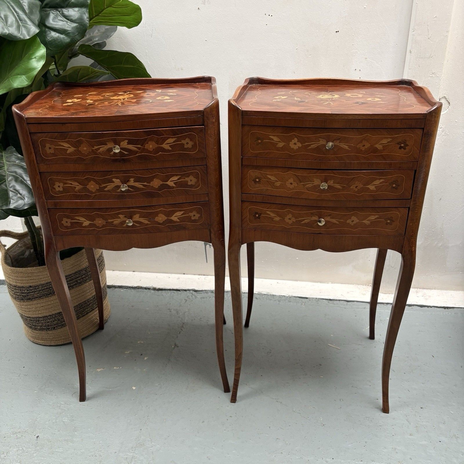 Pair French Provincial Inlaid Tulip Wood “Chevets” Nightstands Bedside Tables photo furniture