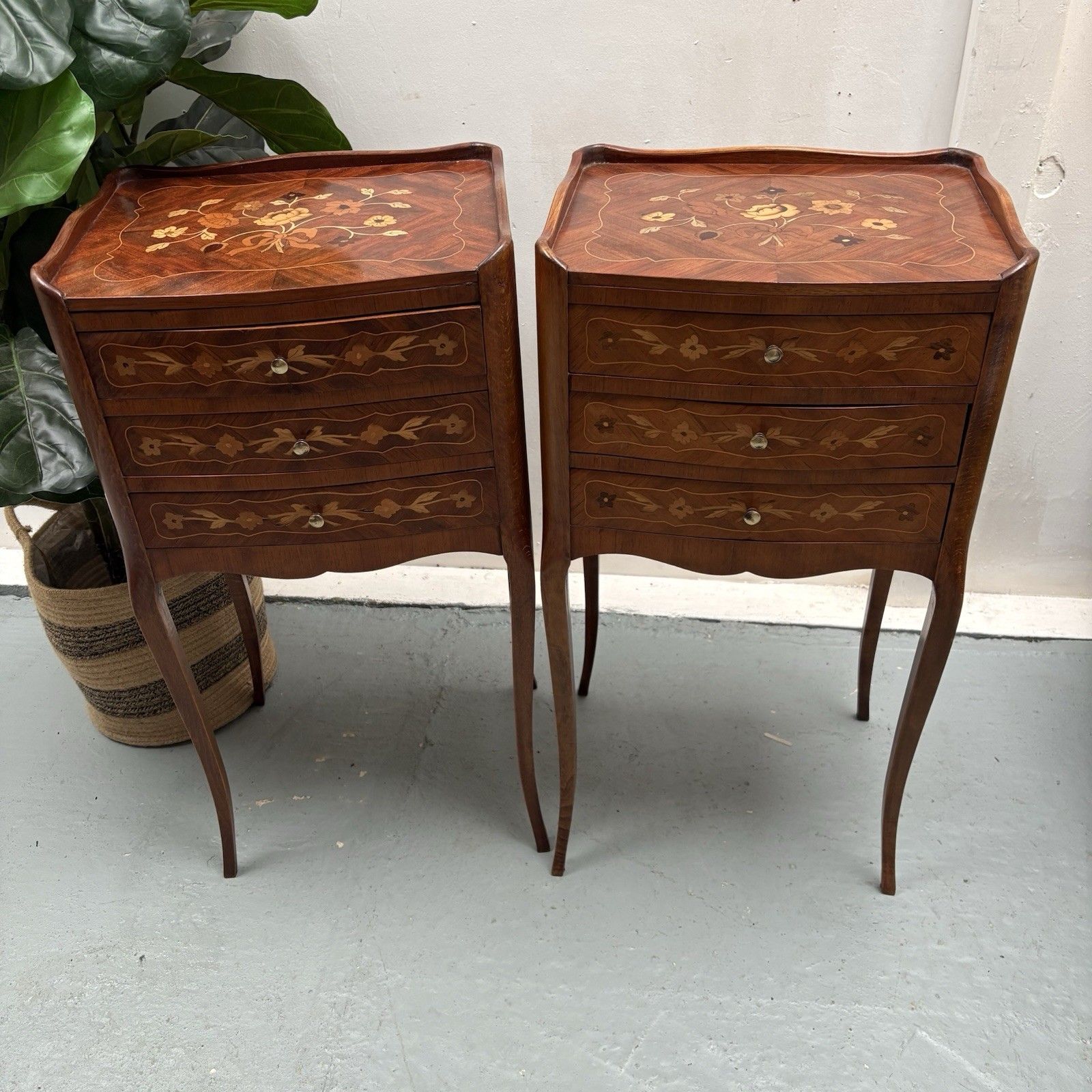 Pair French Provincial Inlaid Tulip Wood “Chevets” Nightstands Bedside Tables photo for sale