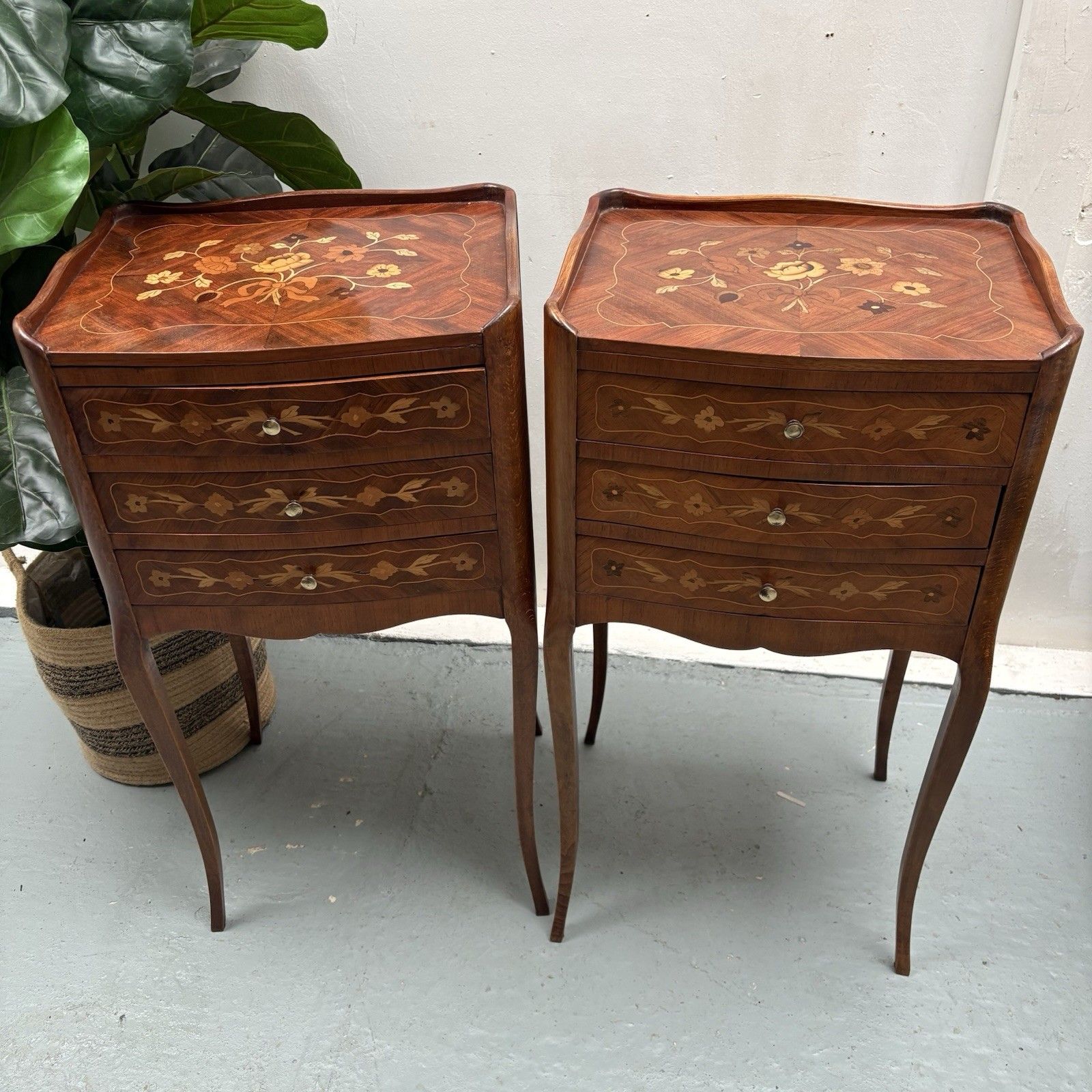 photo for sale Pair French Provincial Inlaid Tulip Wood “Chevets” Nightstands Bedside Tables