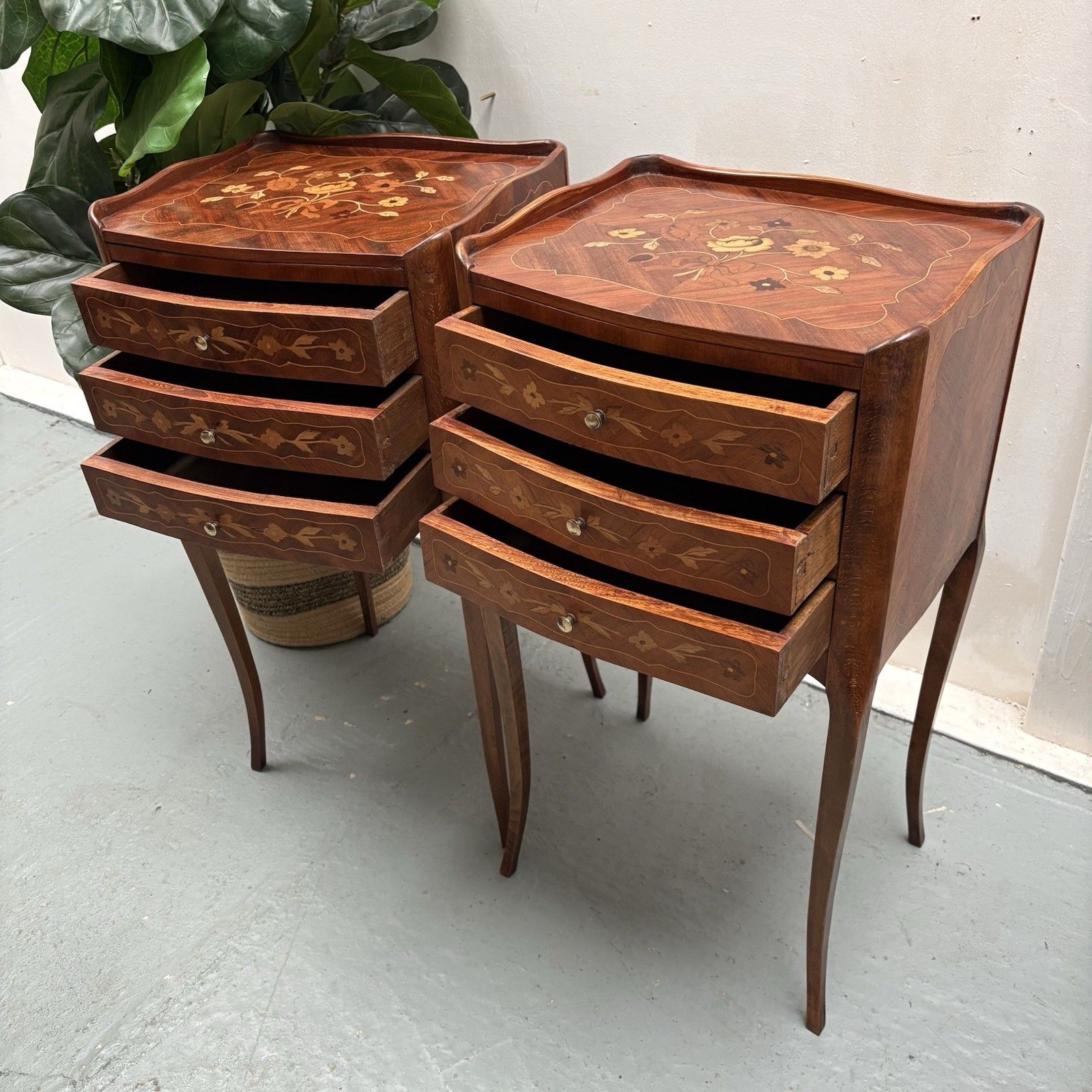 photo buy Pair French Provincial Inlaid Tulip Wood “Chevets” Nightstands Bedside Tables