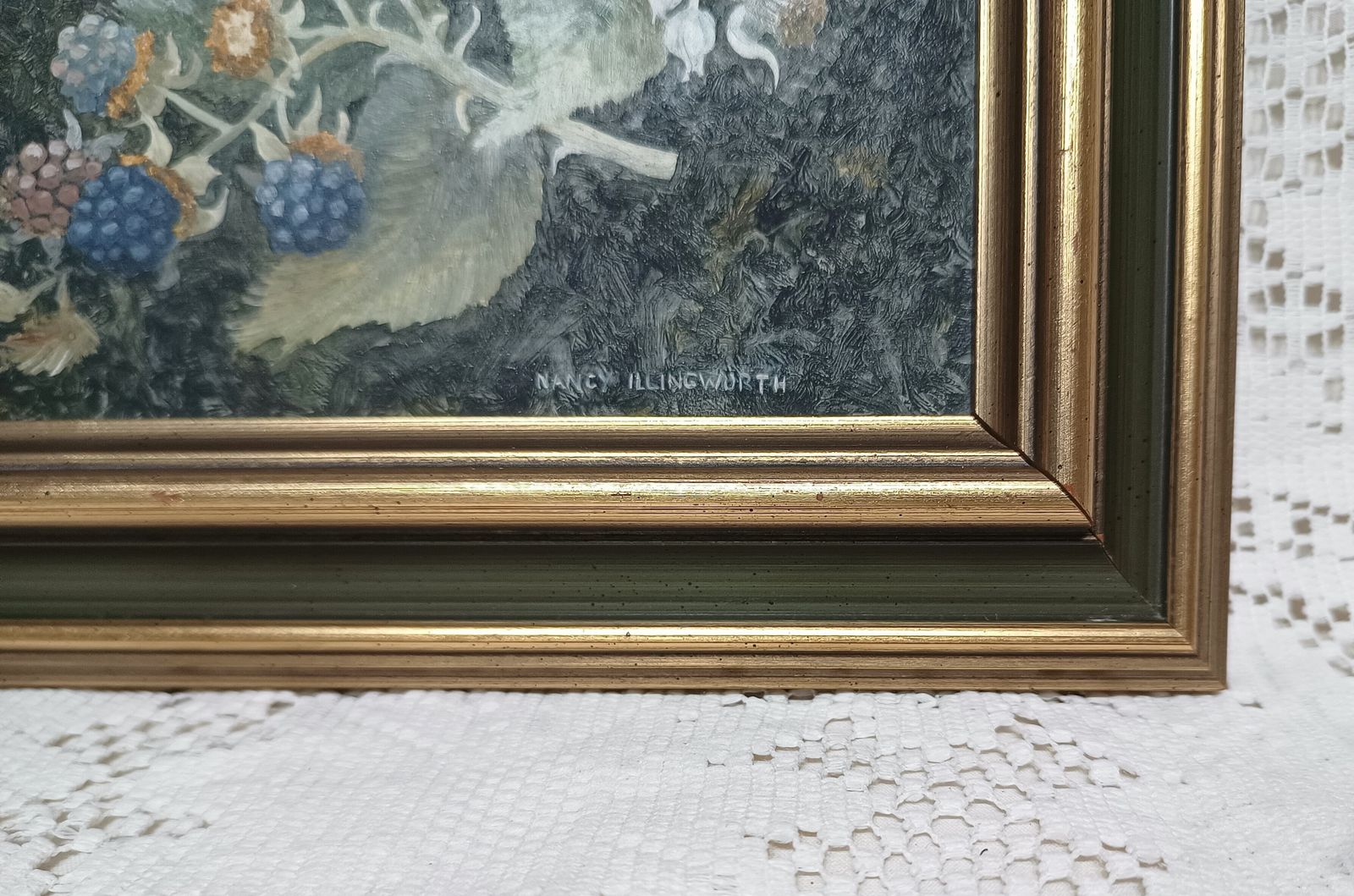 Original Oil Painting Still Life Black Berry And White Blossom Signed Nancy Illingworth. photo vinterior