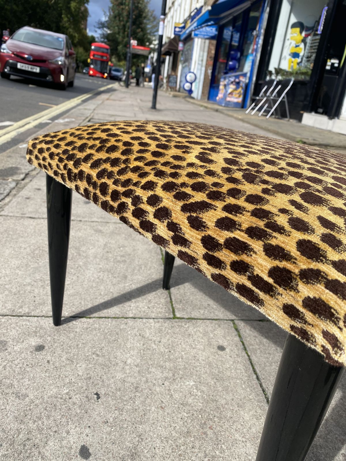 1120.0 Paolo Buffa 1950s Italian Ebonized Stool In Jim Thompson Silk Cheetah Velvet Animal Midcentury Modern Restored And Upholstered photo
