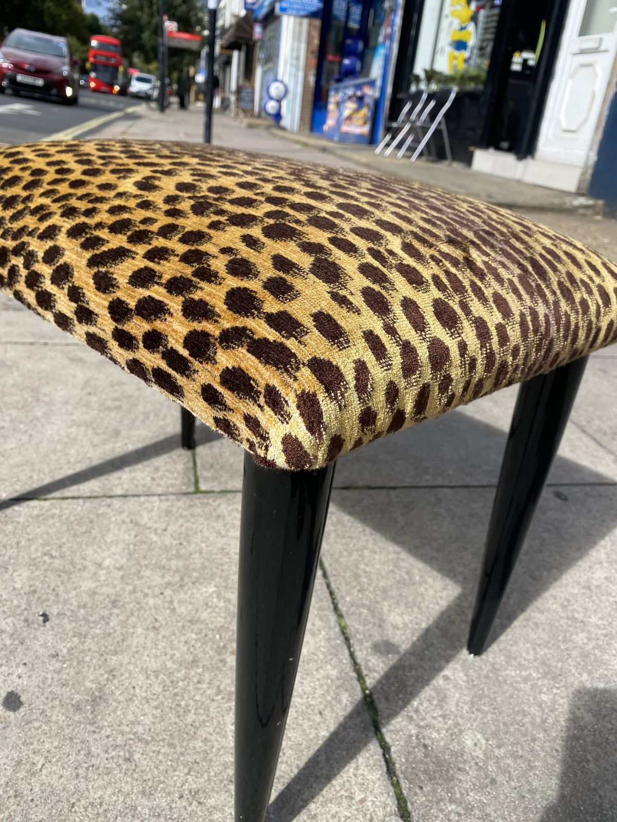 photo vintage Paolo Buffa 1950s Italian Ebonized Stool In Jim Thompson Silk Cheetah Velvet Animal Midcentury Modern Restored And Upholstered