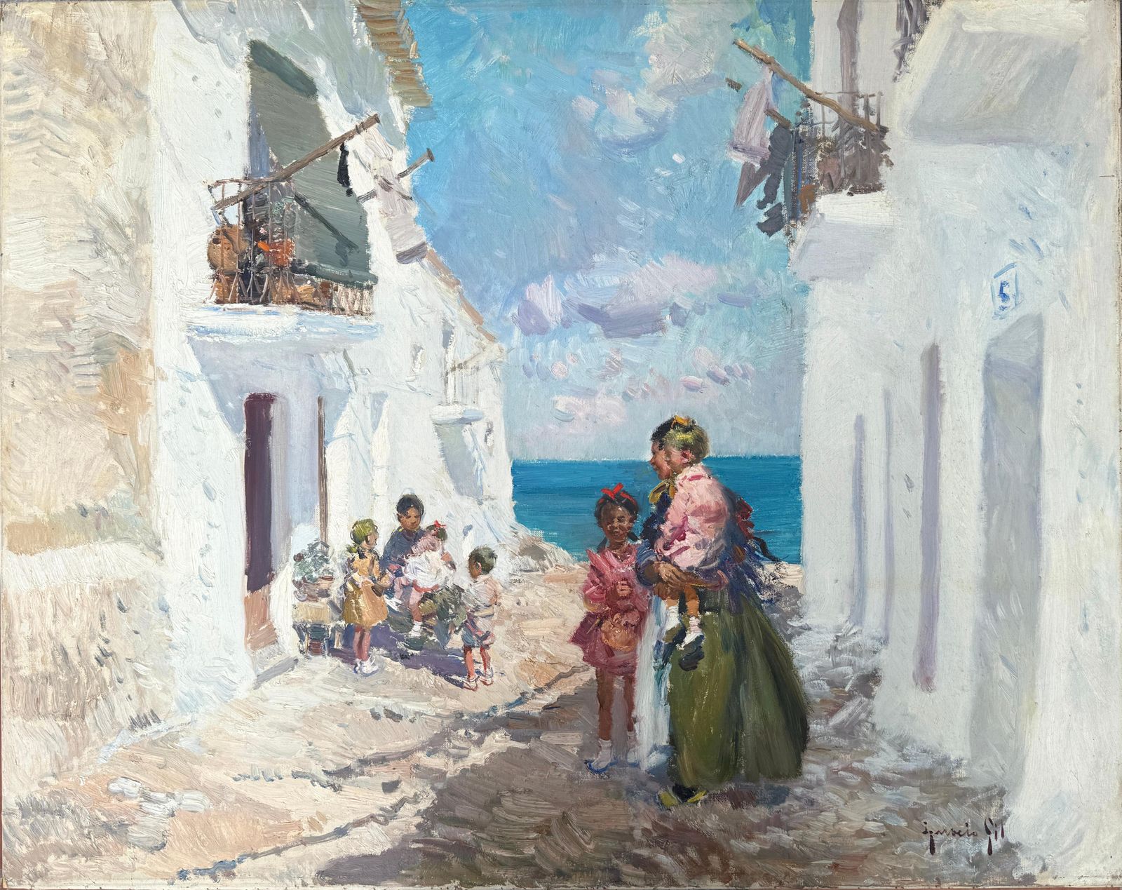 Ignacio Gil Sala – Straat In Ibiza Met Kinderen – Spaans Zeegezicht – Olieverf Op Doek – Ca. 1980