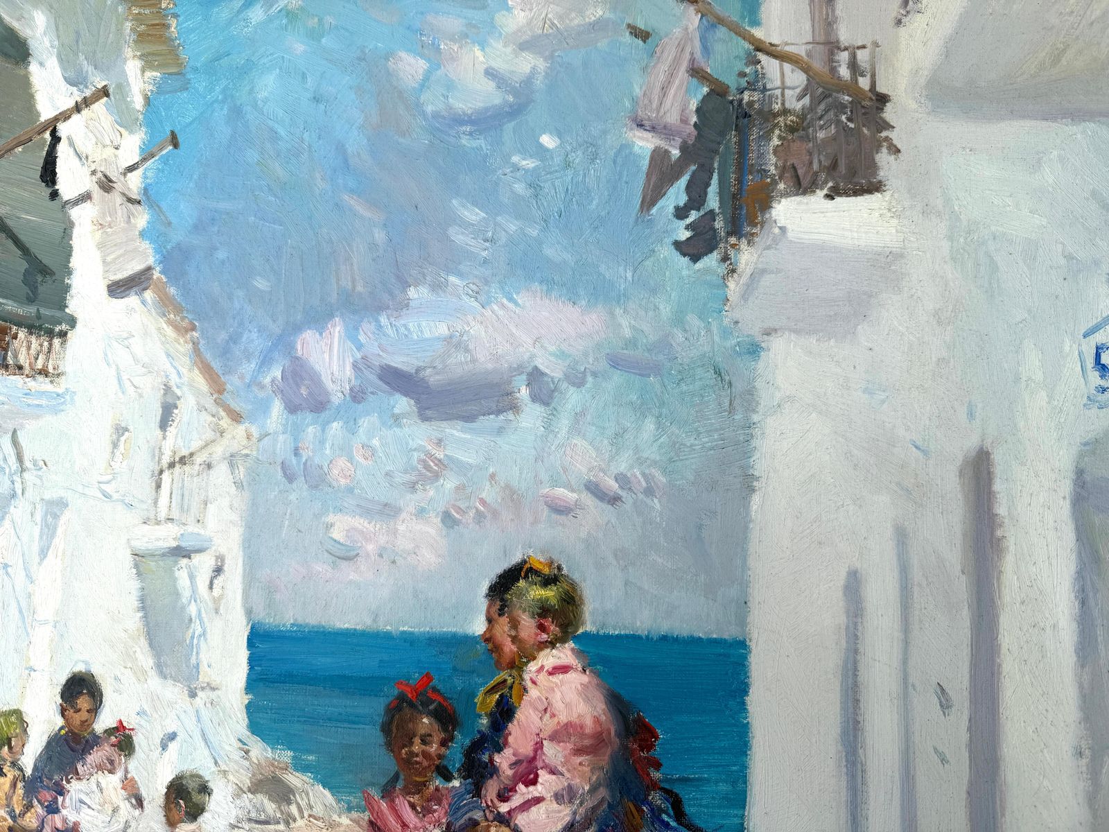 Ignacio Gil Sala – Straat In Ibiza Met Kinderen – Spaans Zeegezicht – Olieverf Op Doek – Ca. 1980 photo buy