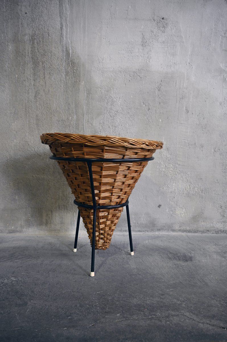 Rattan And Metal Magazine Rack Attributed To Rohé Noordwolde, 1960s photo for sale