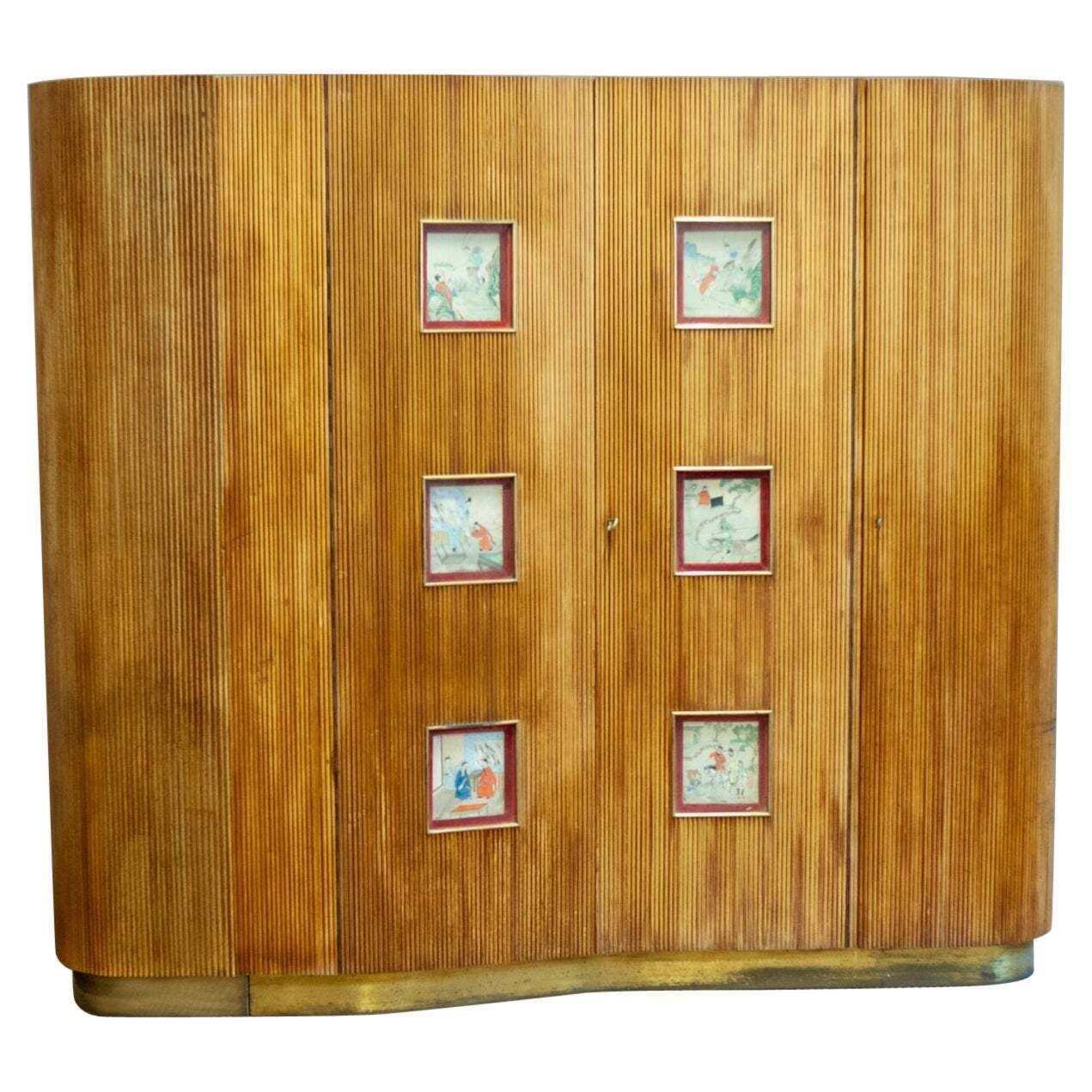 Bamboo Wardrobe Cabinet With Oriental Illustrations   Italy, Circa 1950
