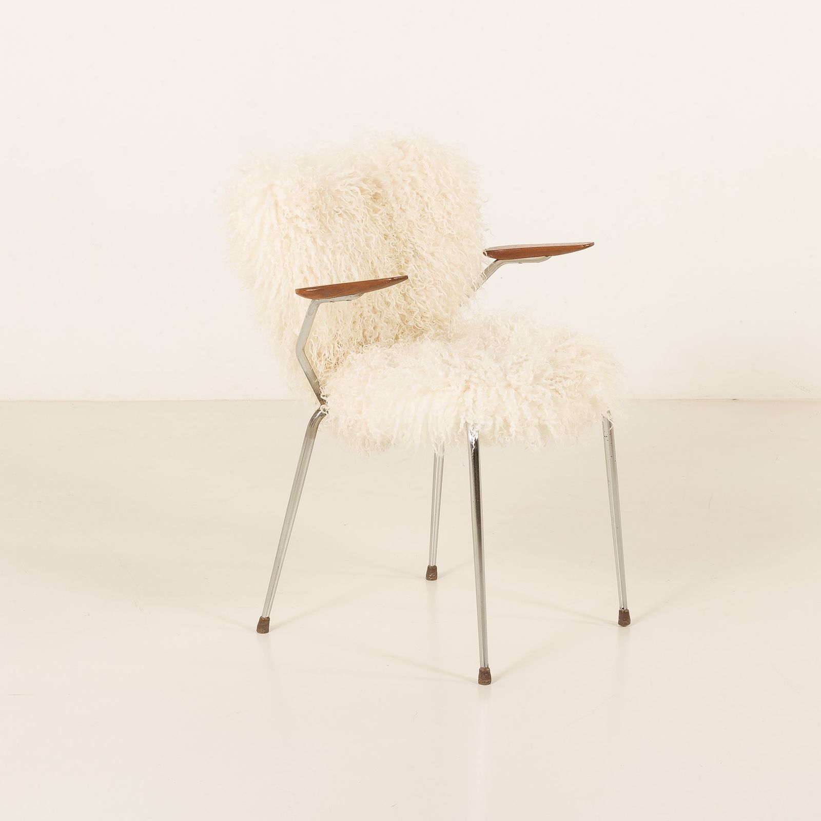 Mid Century Long Hair Sheepskin Chair In The Style Of Arne Jacobsen, Denmark 1950s photo for sale