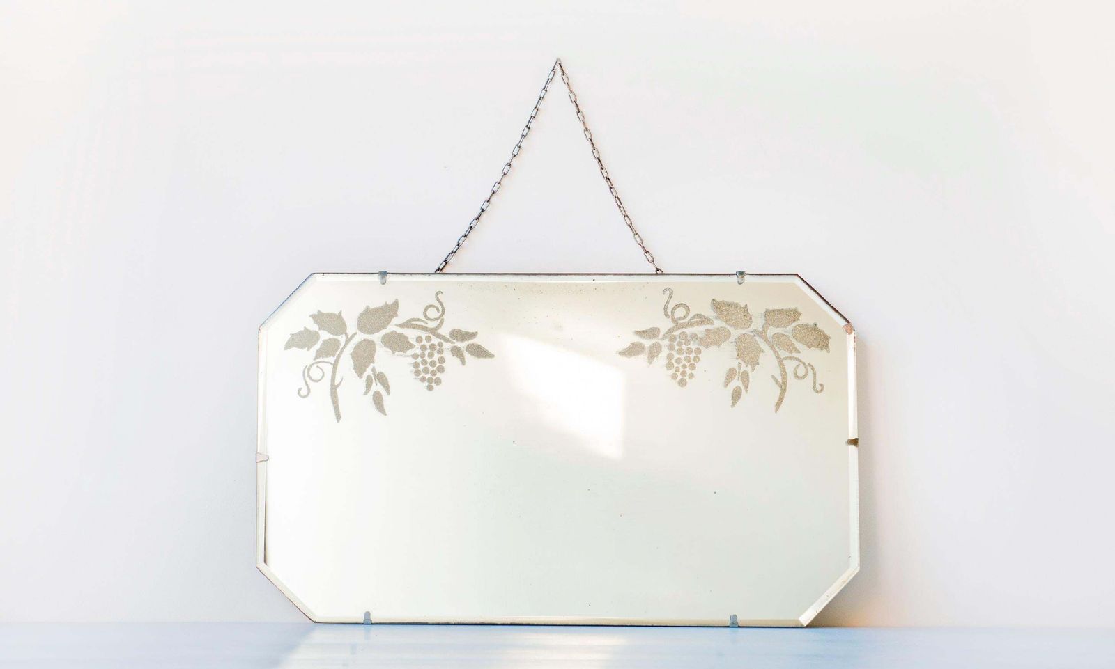 Art Deco Wall Mirror With Grapes Motif & Hanging Chain   Antique Frameless Etched Glass Mirror